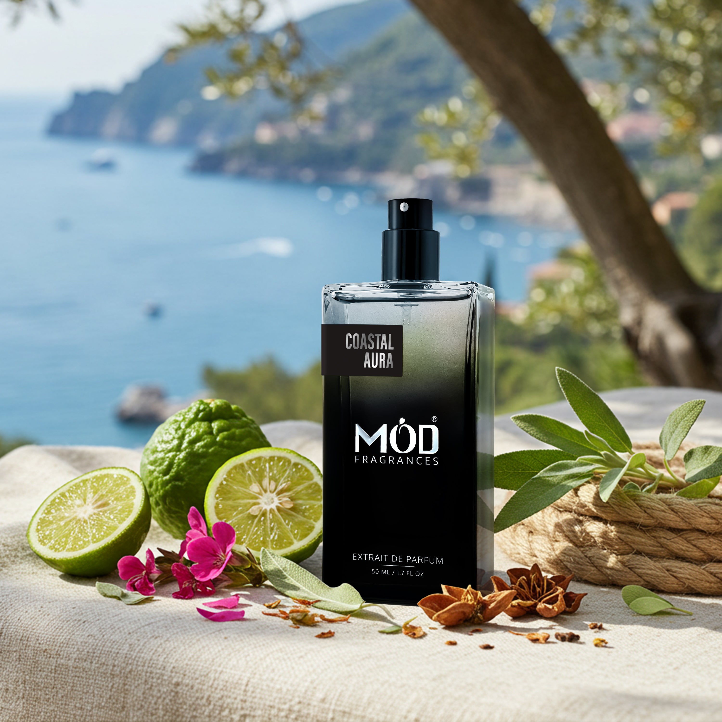 Möd Fragrances Coastal Aura perfume bottle with lime, flowers, and leaves against a scenic background.