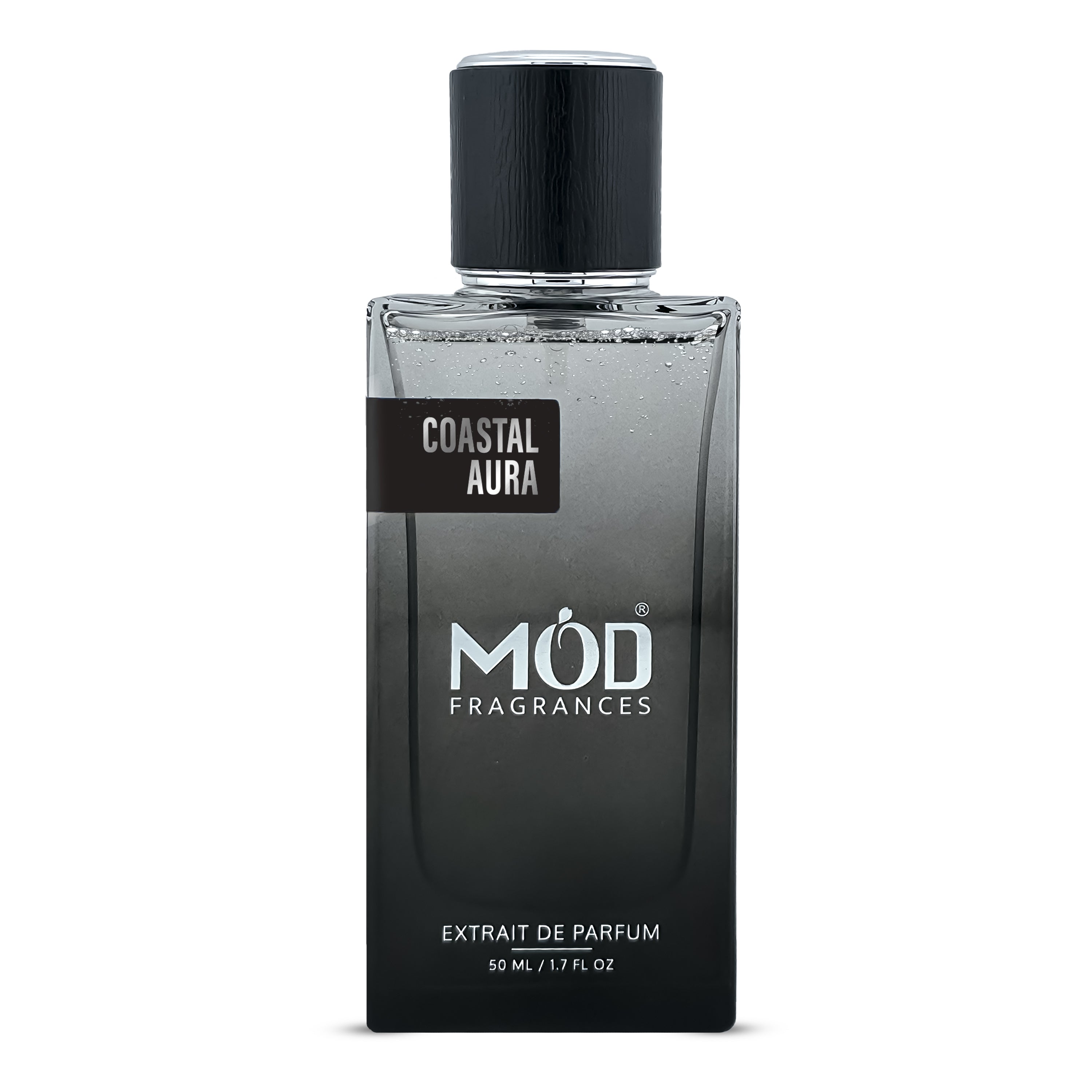 Black perfume bottle labeled 'Coastal Aura' by 'MOD Fragrances' on a white background