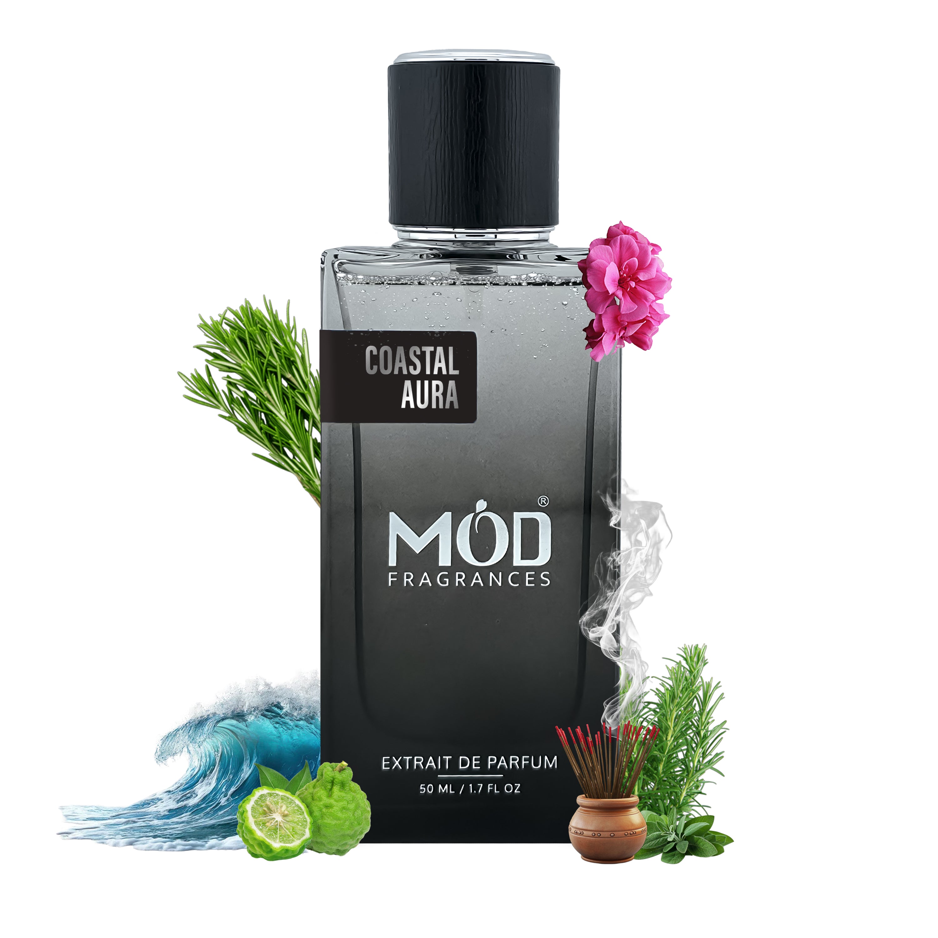 Black perfume bottle labeled 'Coastal Aura' with floral and greenery elements on a white background