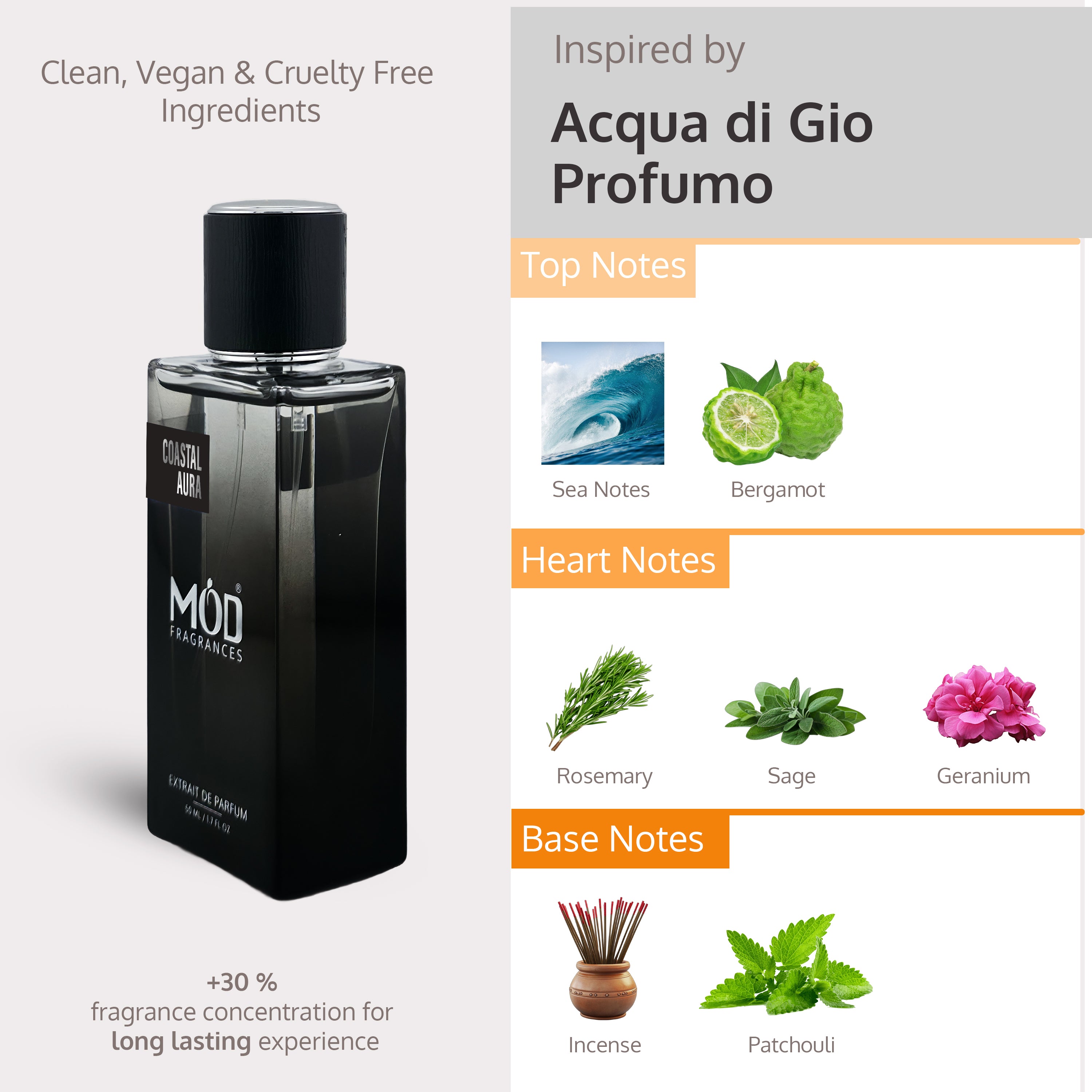 Black perfume bottle with product details on a gray background