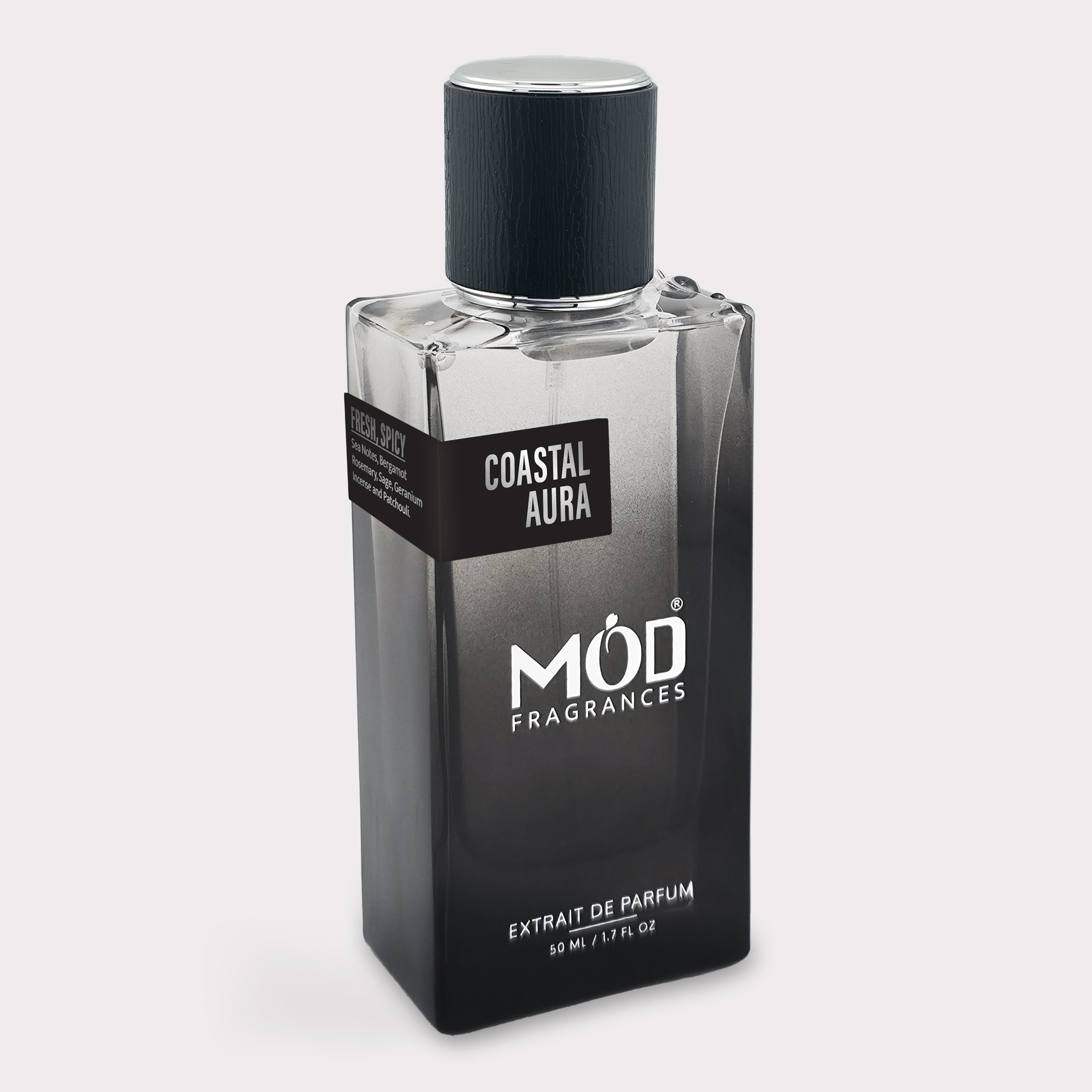 Perfume bottle labeled 'Coastal Aura' by 'MOD Fragrances' on a light gray background