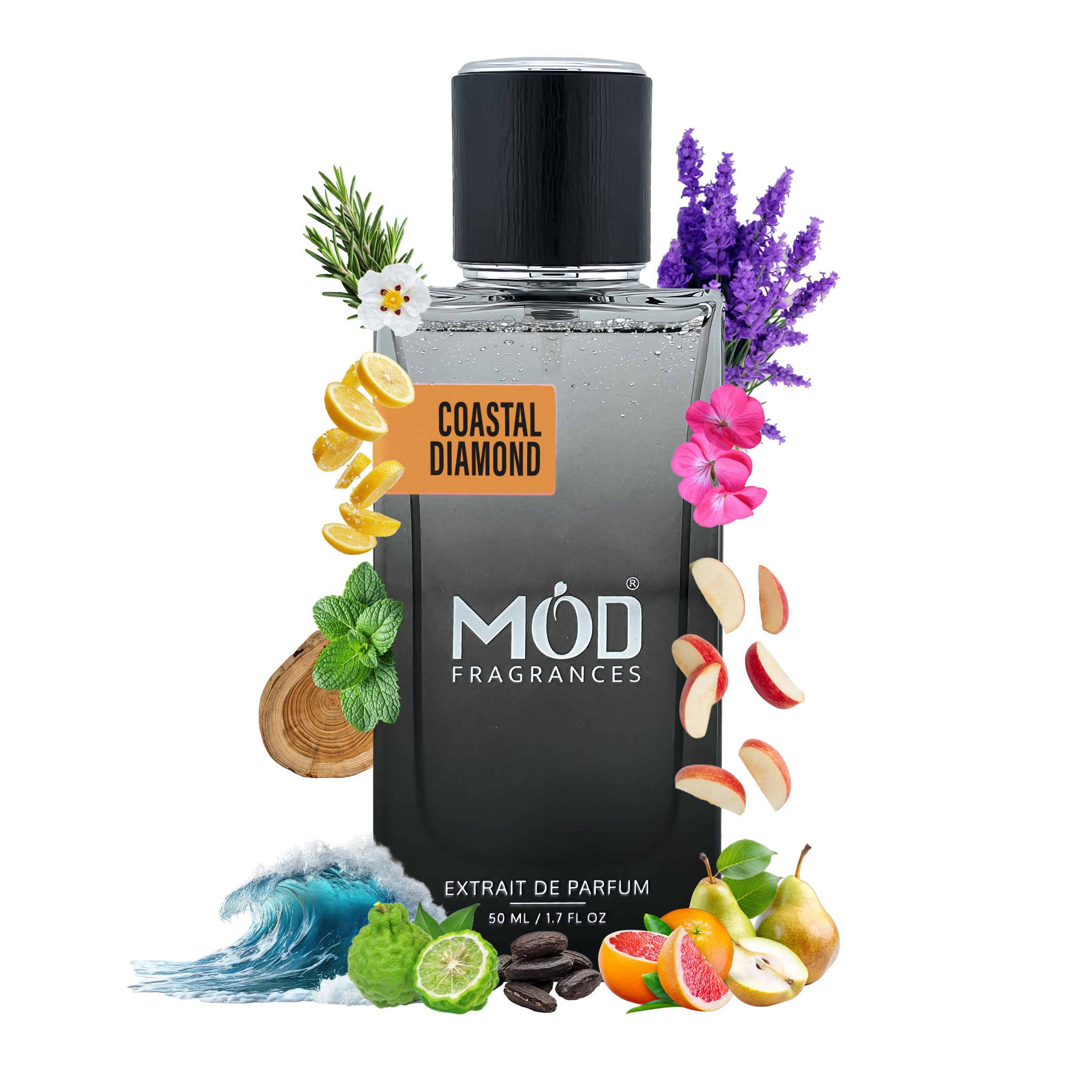 Perfume bottle labeled 'Coastal Diamond' by MOD Fragrances with floral and fruit elements on a white background.