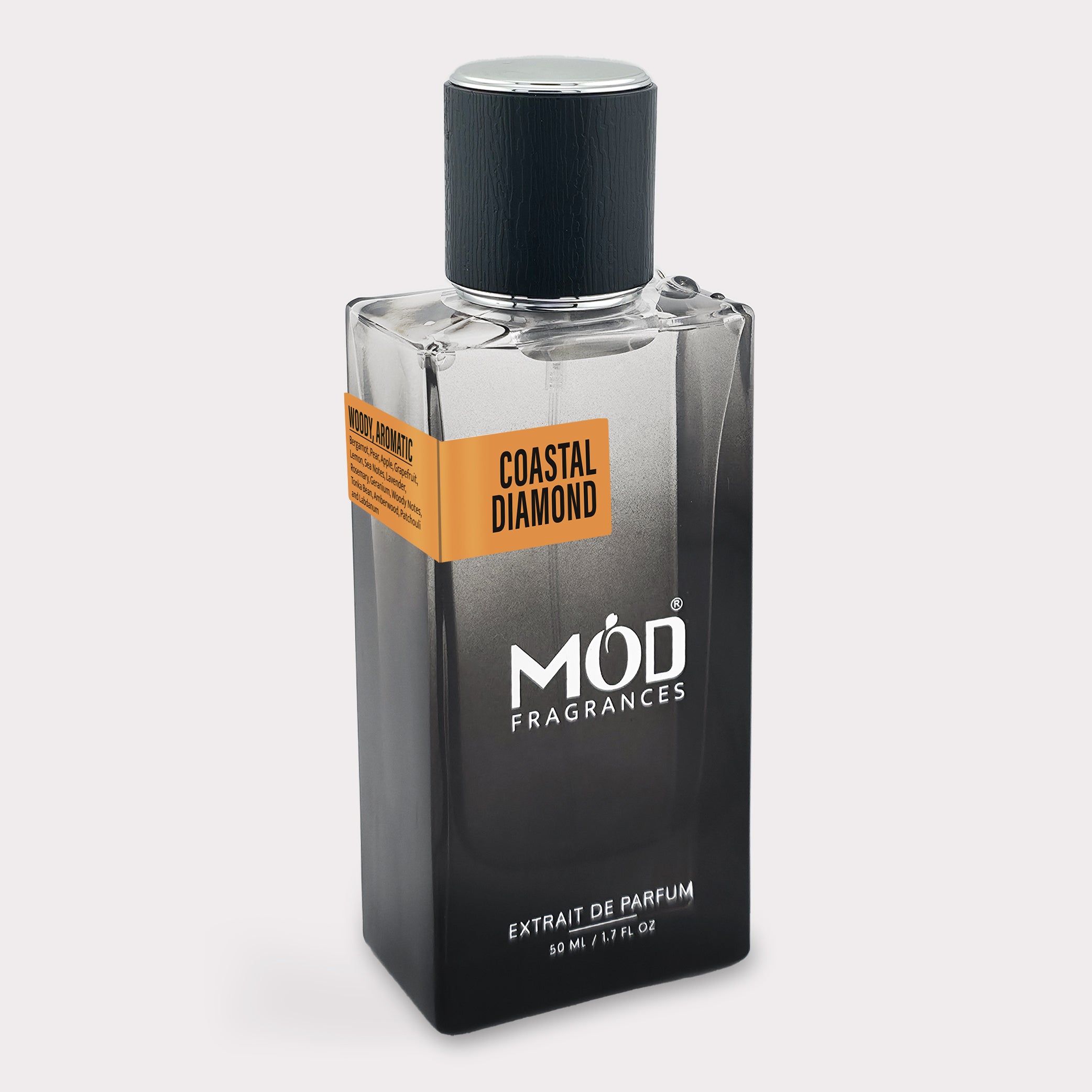 Perfume bottle labeled 'Coastal Diamond' by 'MOD Fragrances' on a light gray background