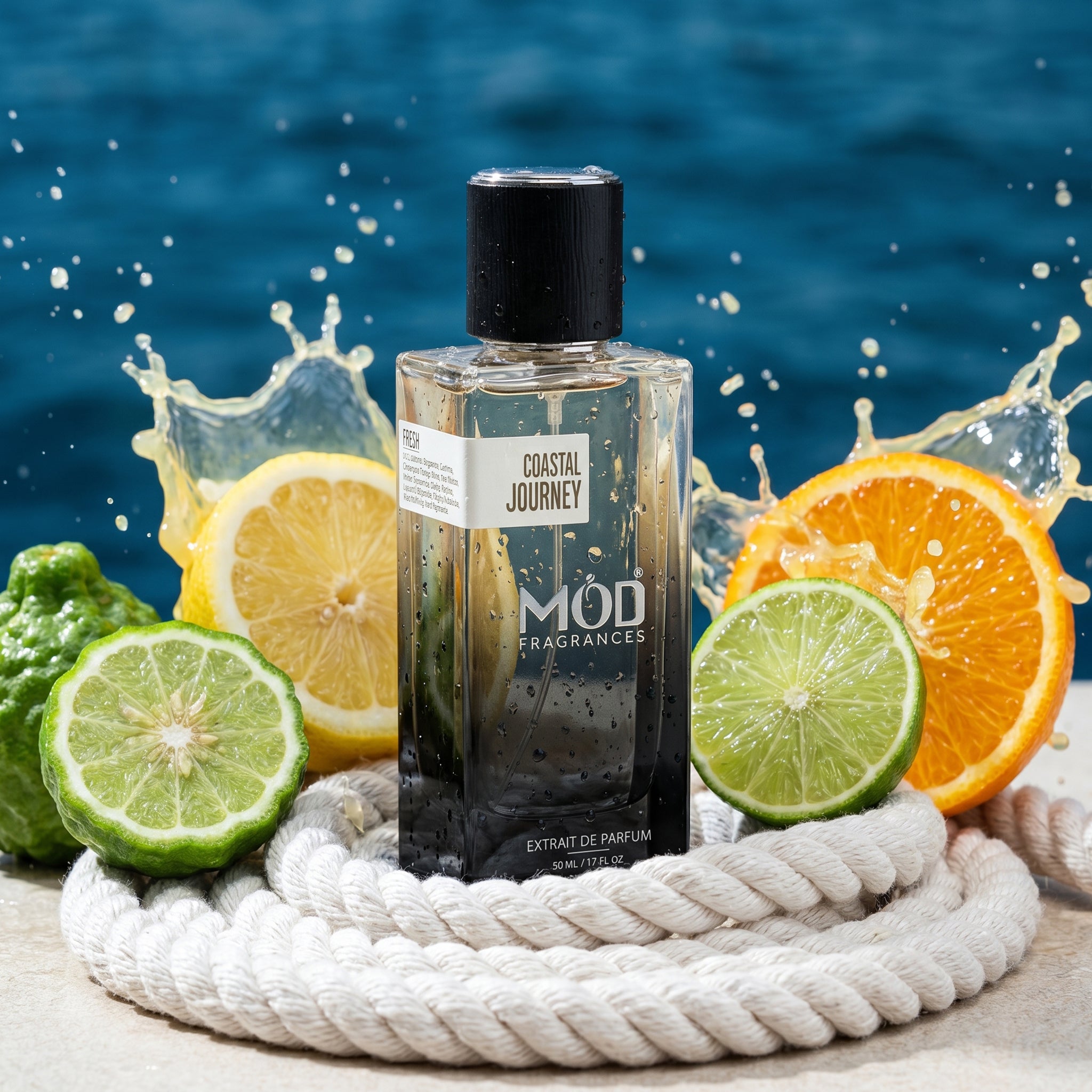 Bottle of MOD Fragrances Coastal Journey with citrus fruits and ocean background