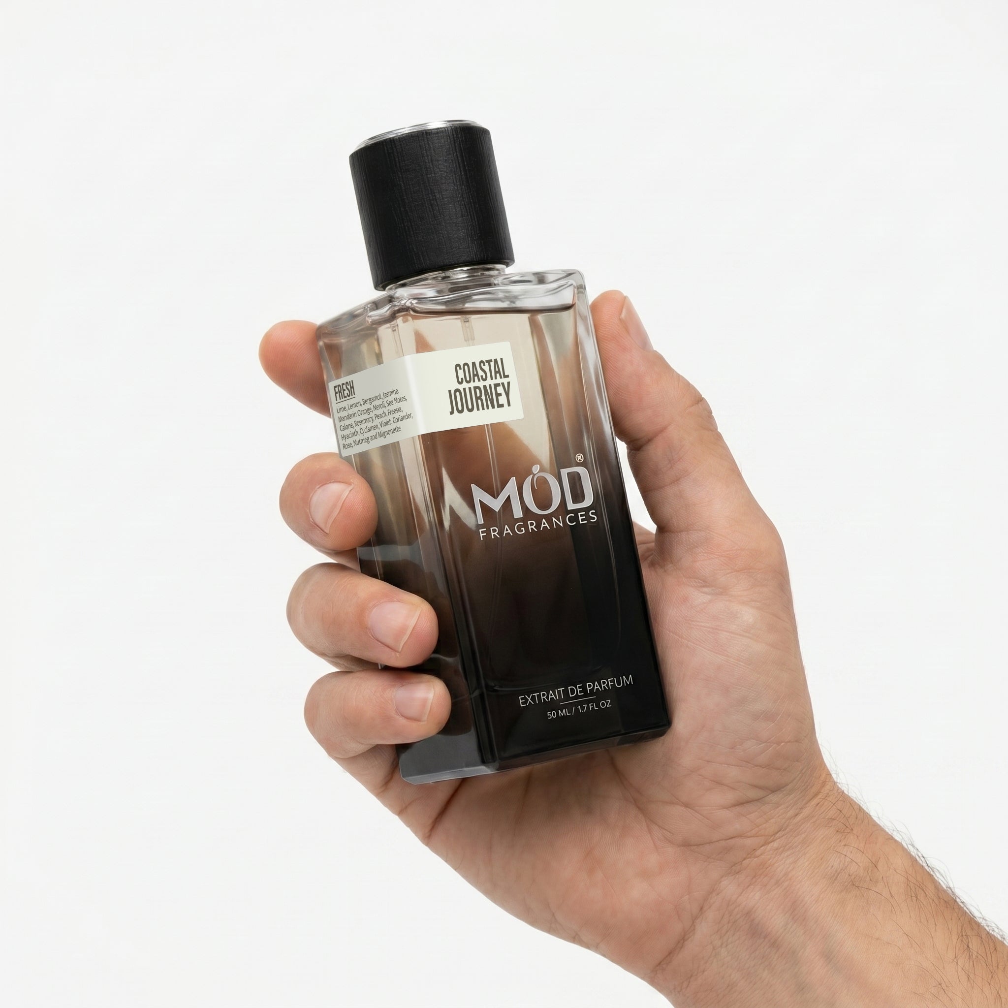 Hand holding a bottle of AMOD Fragrances Coastal Journey perfume against a white background