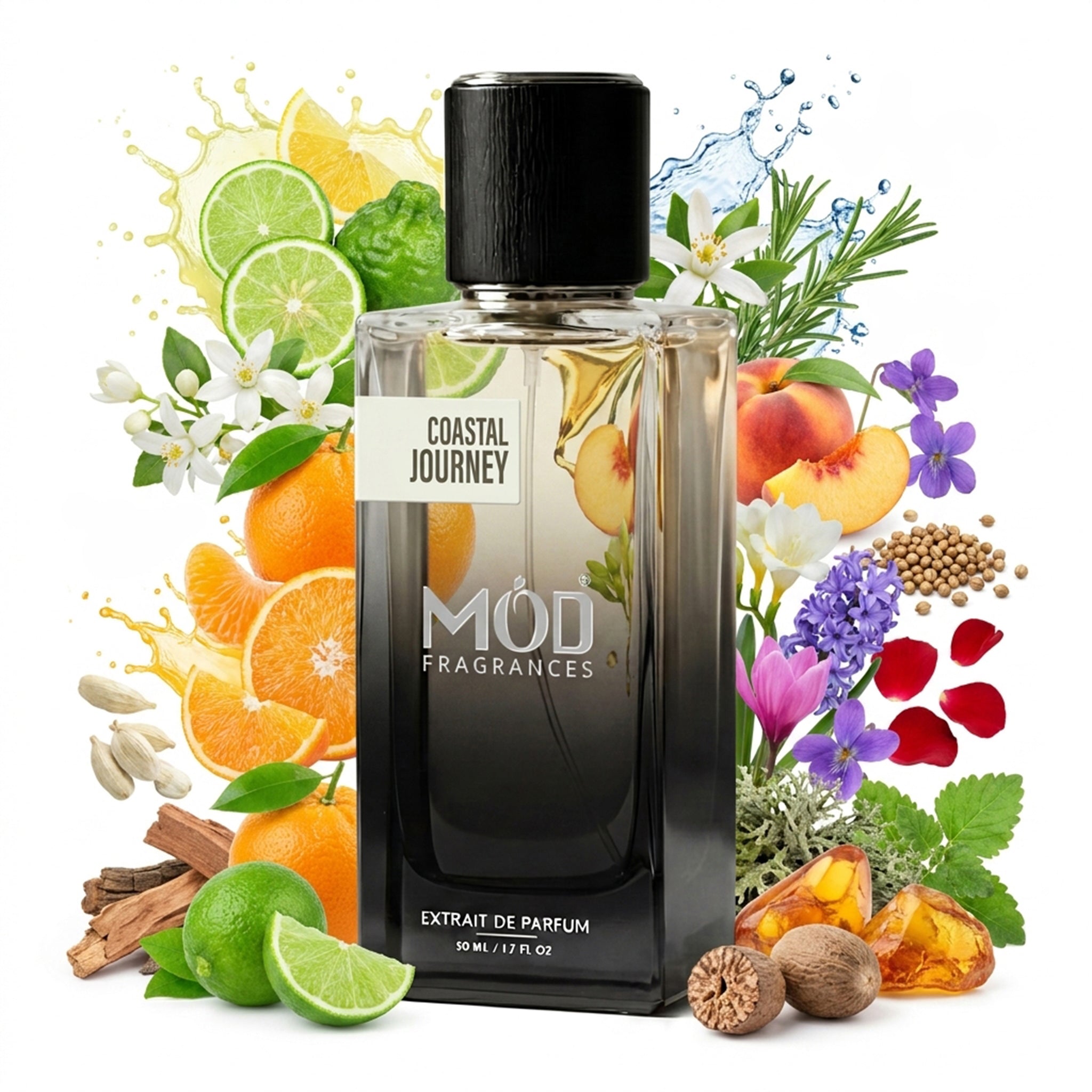 Perfume bottle labeled 'Coastal Journey' by MOD Fragrances with fruit and floral elements on a white background