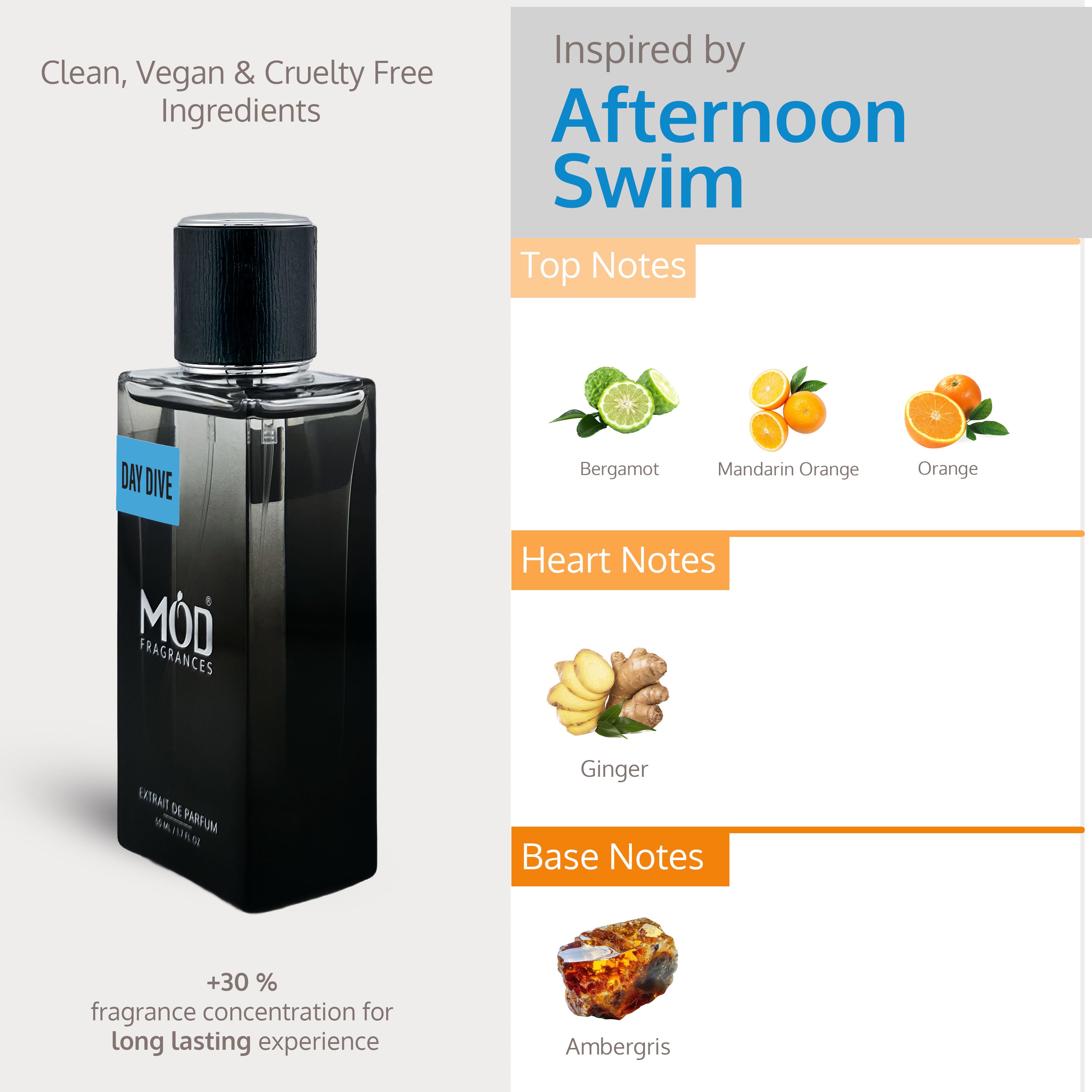 MOD Fragrances 'Afternoon Swim' perfume bottle with fragrance notes on a gray background