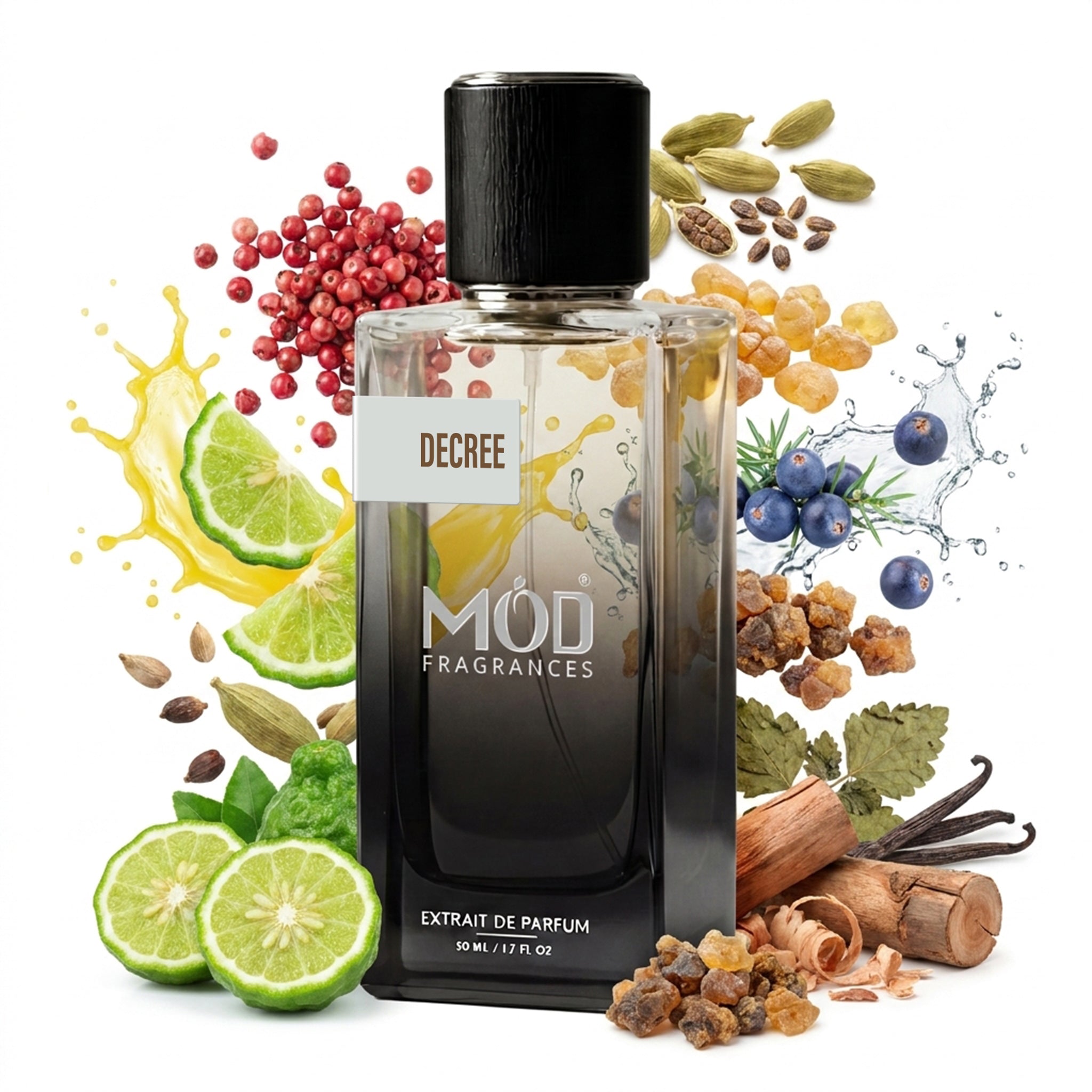 A bottle of Decree by MOD FRAGRANCES extrait de parfum, surrounded by its scent ingredients including limes, blueberries, cardamom, cinnamon, vanilla, and peppercorns on a white background.