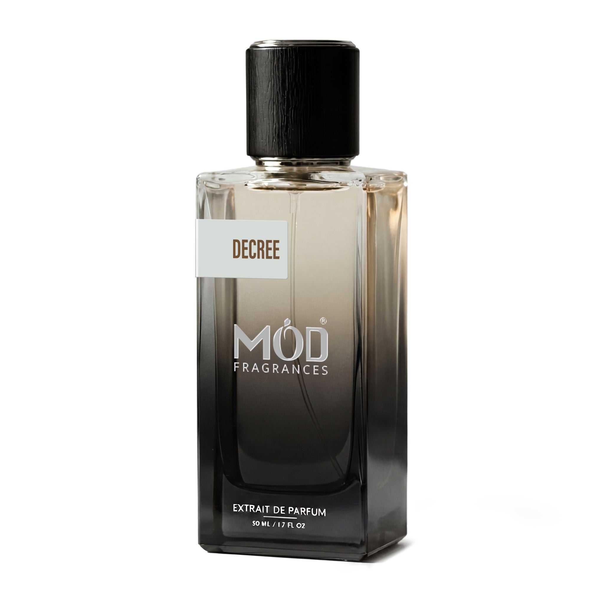 Inspired by Amouage's Decision bottle of Decree by Mod Fragrances extrait de parfum, featuring a square glass bottle with a black-to-clear gradient and a black cap, on a white background.