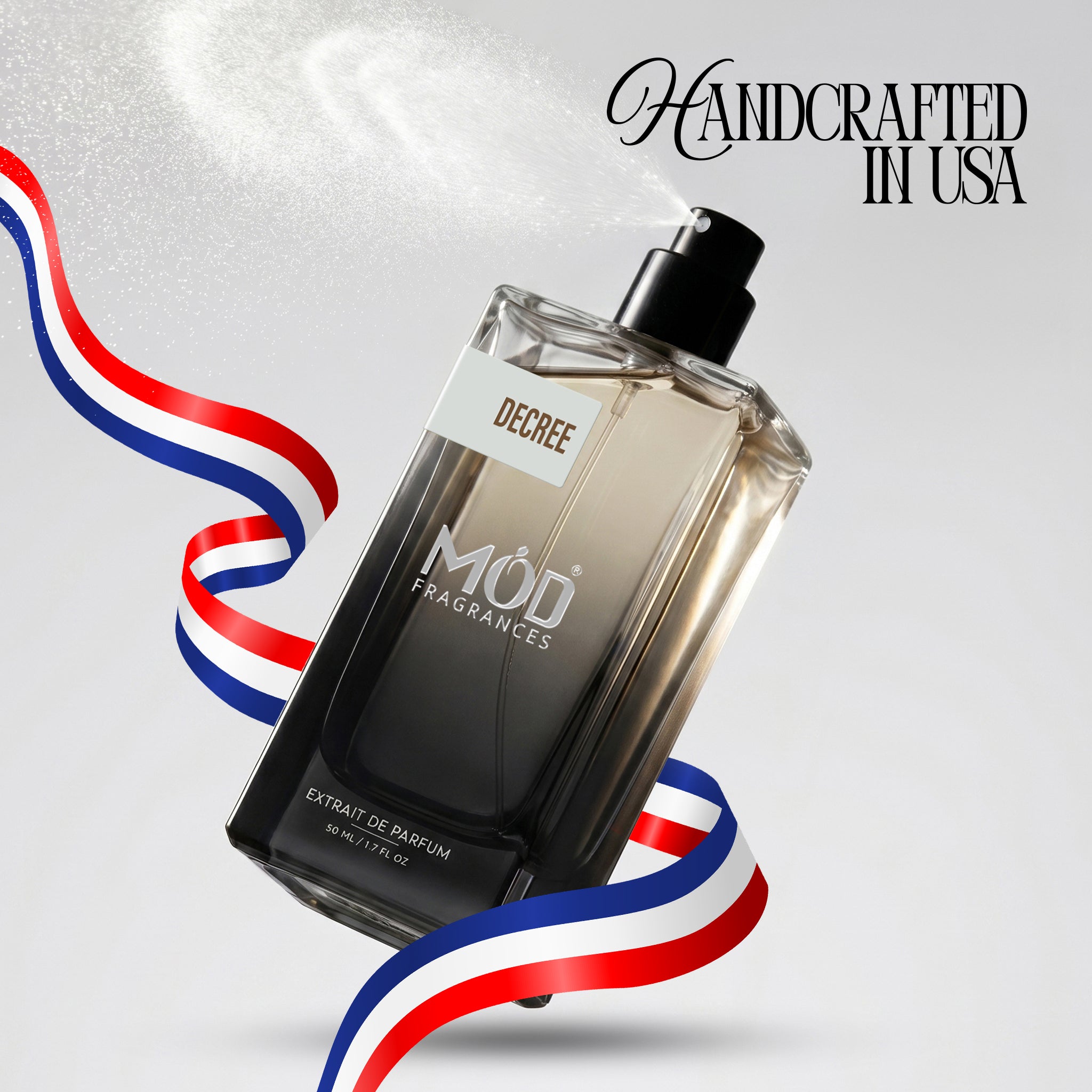 Perfume bottle labeled 'MÜl Fragrances' with patriotic ribbons on a light gray background