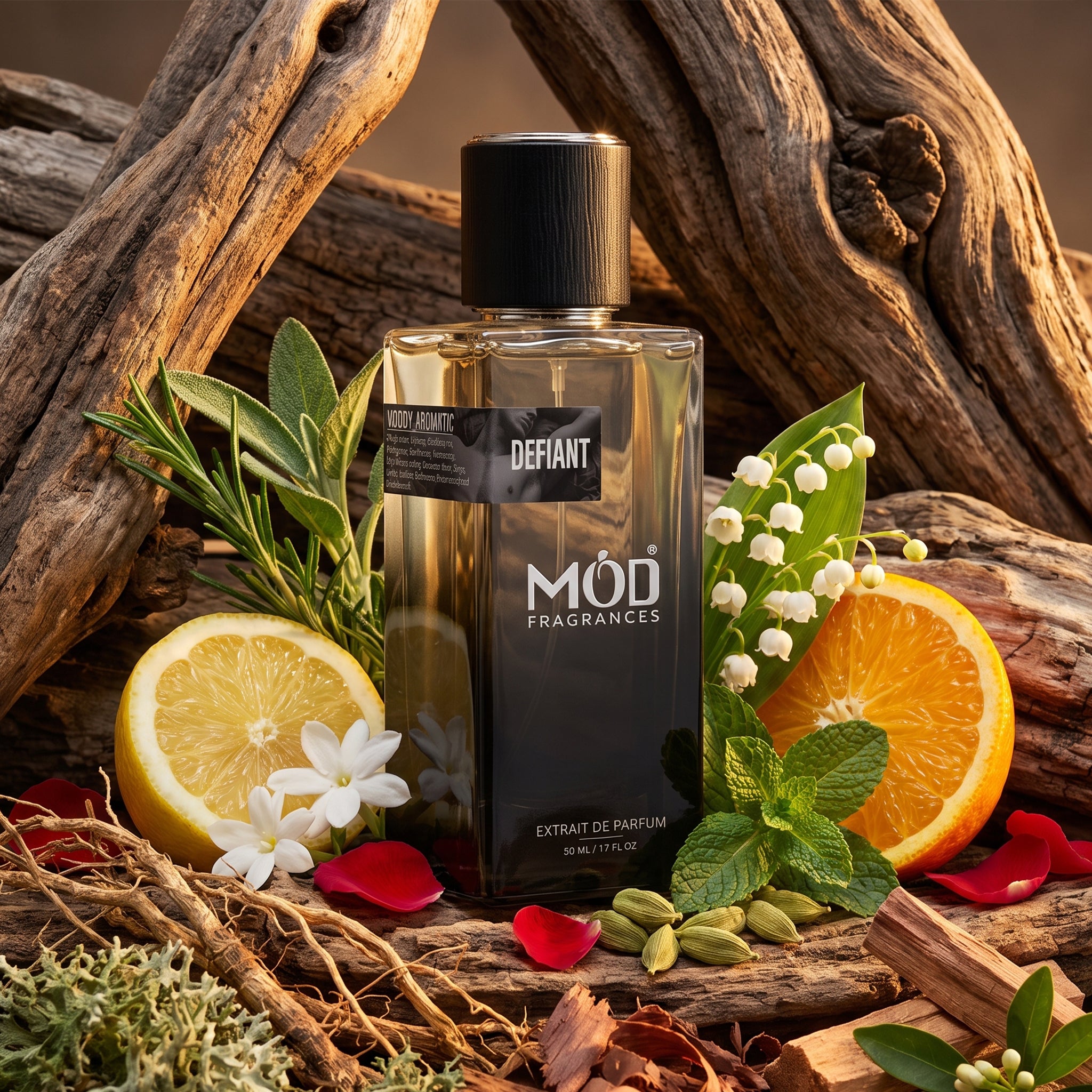 A bottle of MOD Fragrances Defiant extrait de parfum is styled in a rustic setting with lemon slices, orange slices, white flowers, mint, rosemary, and red petals on a bed of driftwood and natural wood.