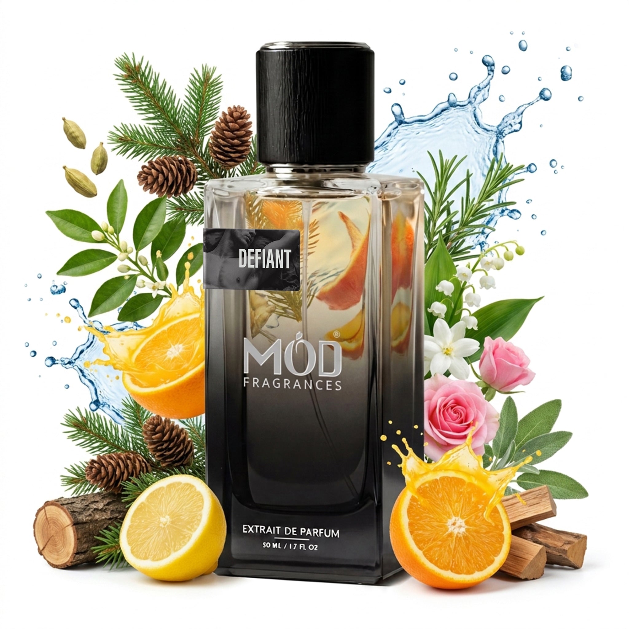 A bottle of Defiant Extrait de Parfum by MOD Fragrances, styled with citrus fruits, pine branches, flowers, and water splashes on a white background.