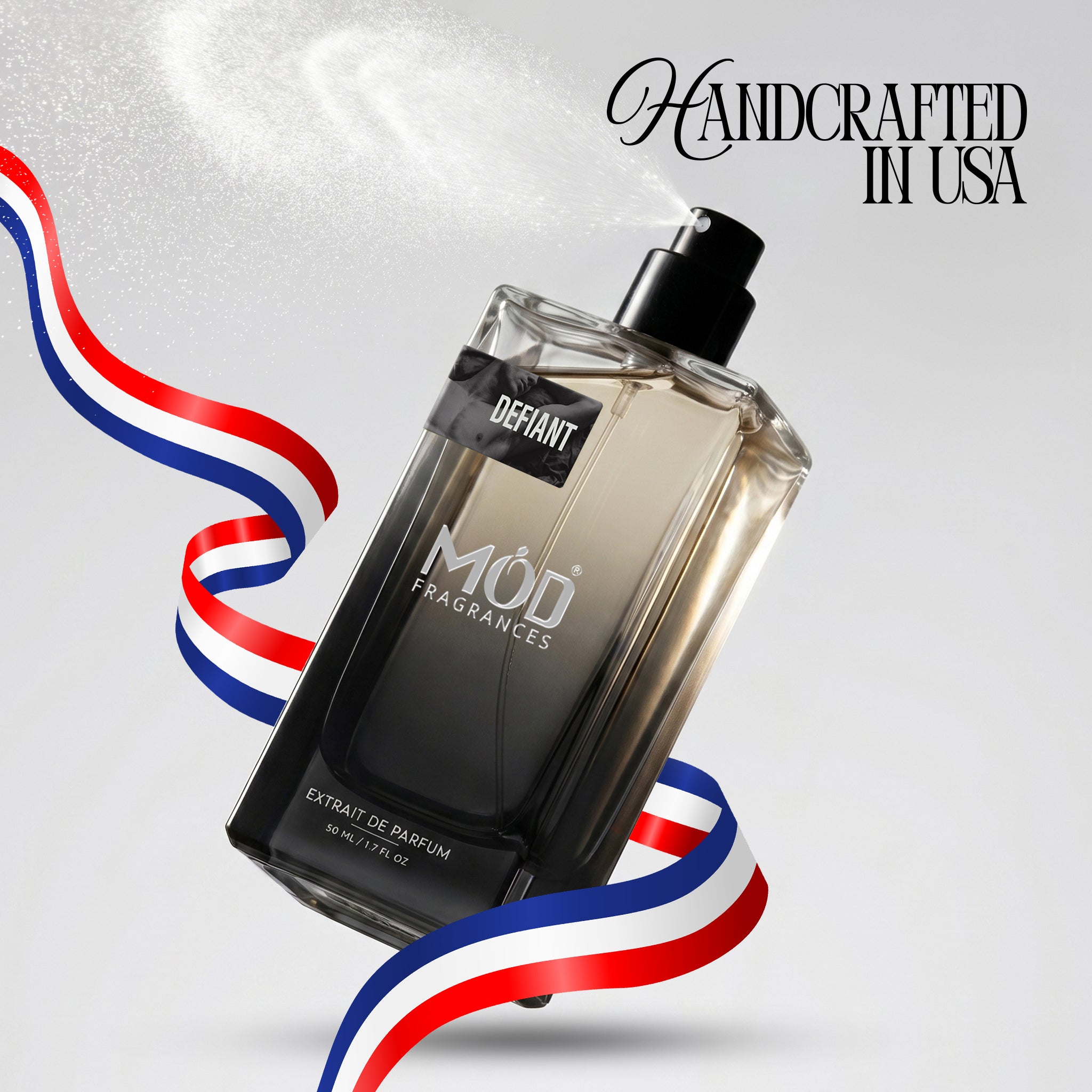 Perfume bottle labeled 'The Exposed Möd Fragrances' with a patriotic ribbon on a light gray background.