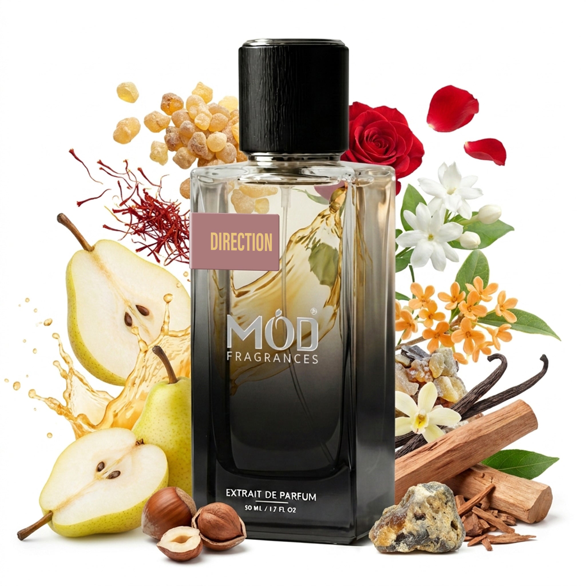 Inspired by Guidance Perfume dupe bottle with floral and fruit elements on a white background