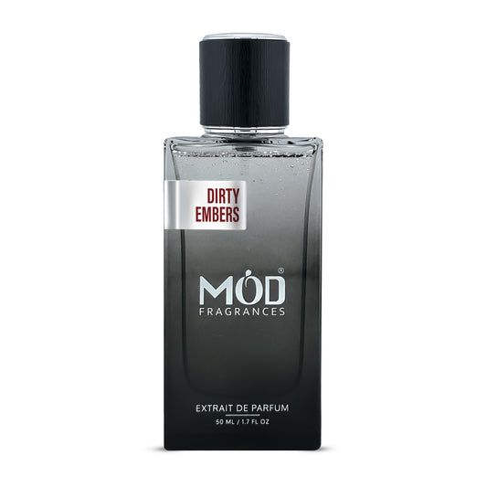 Absolute Aphrodisiac Inspired Black perfume bottle with 'DIRTY EMBERS' and 'MÖD FRAGRANCES' branding on a white background