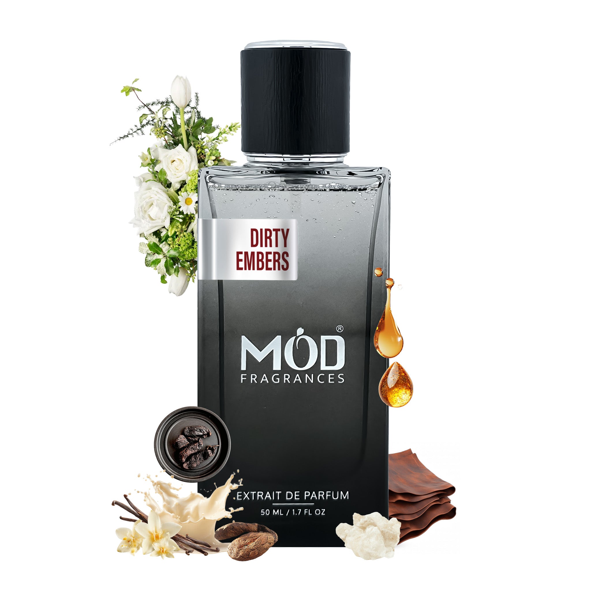 Absolute Aphrodisiac Inspired MOD Fragrances bottle with floral and spice elements on a white background