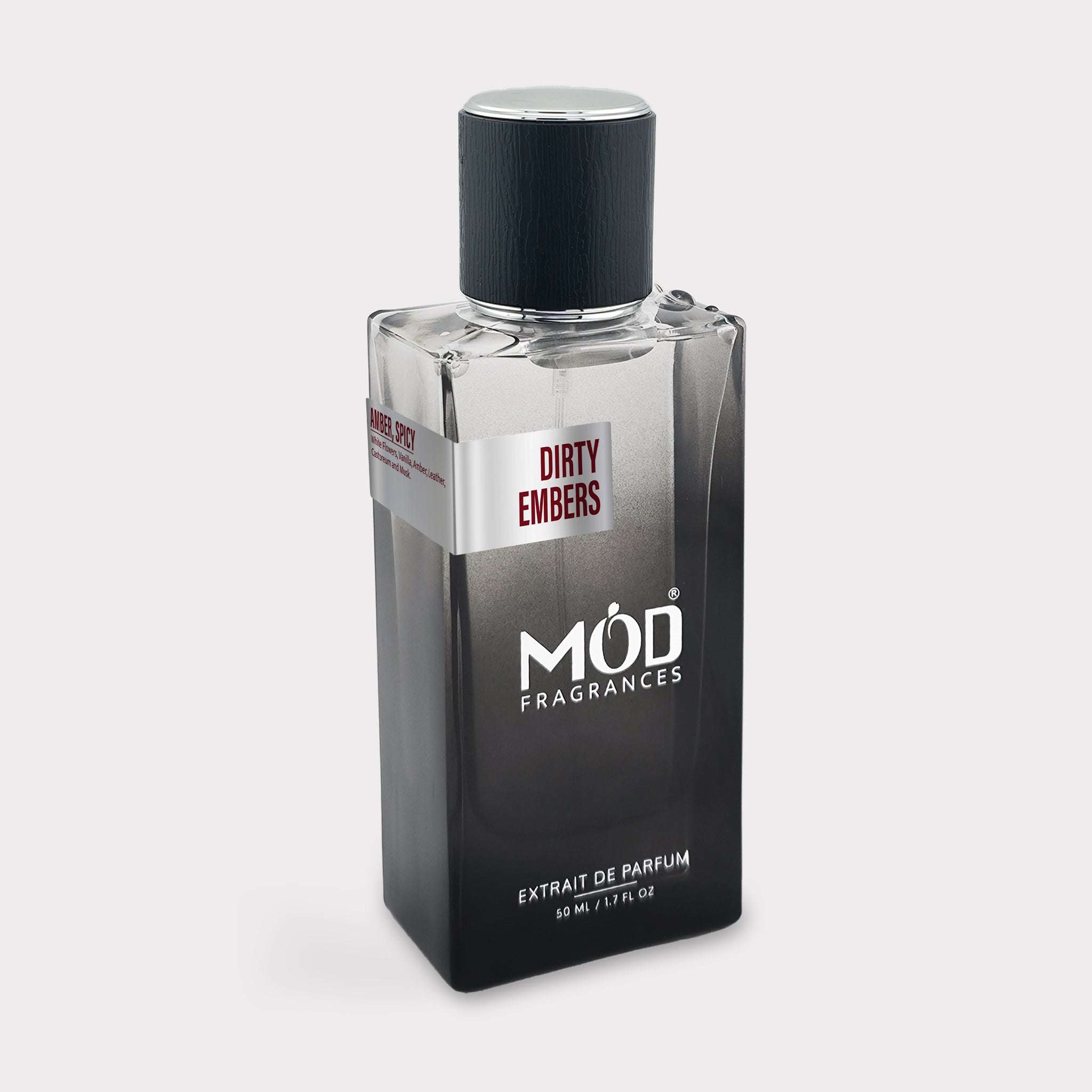 Perfume bottle labeled 'DIRTY EMBERS' by 'MOD FRAGRANCES' on a light gray background