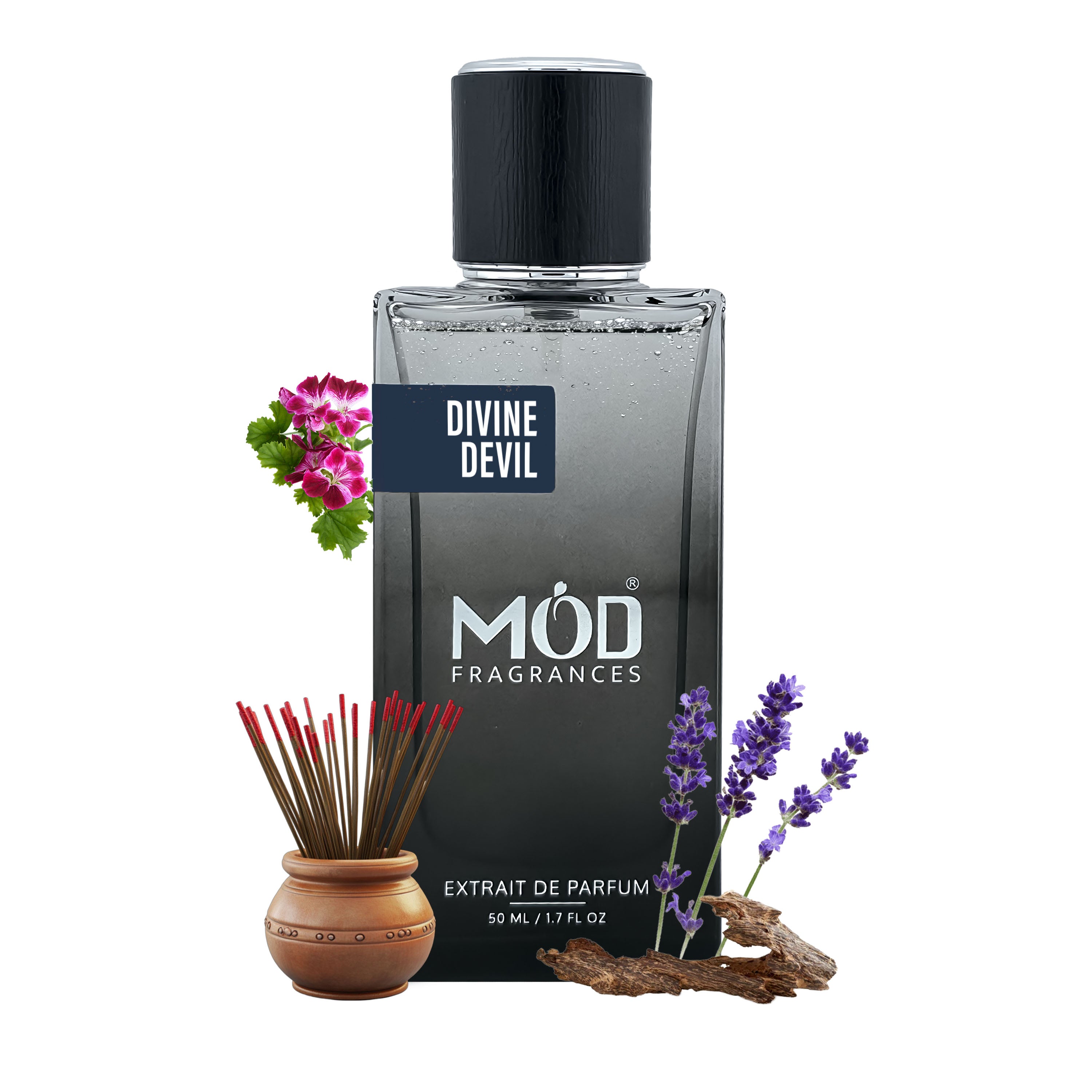 Perfume bottle labeled 'Divine Devil' by Möd Fragrances with decorative elements on a white background
