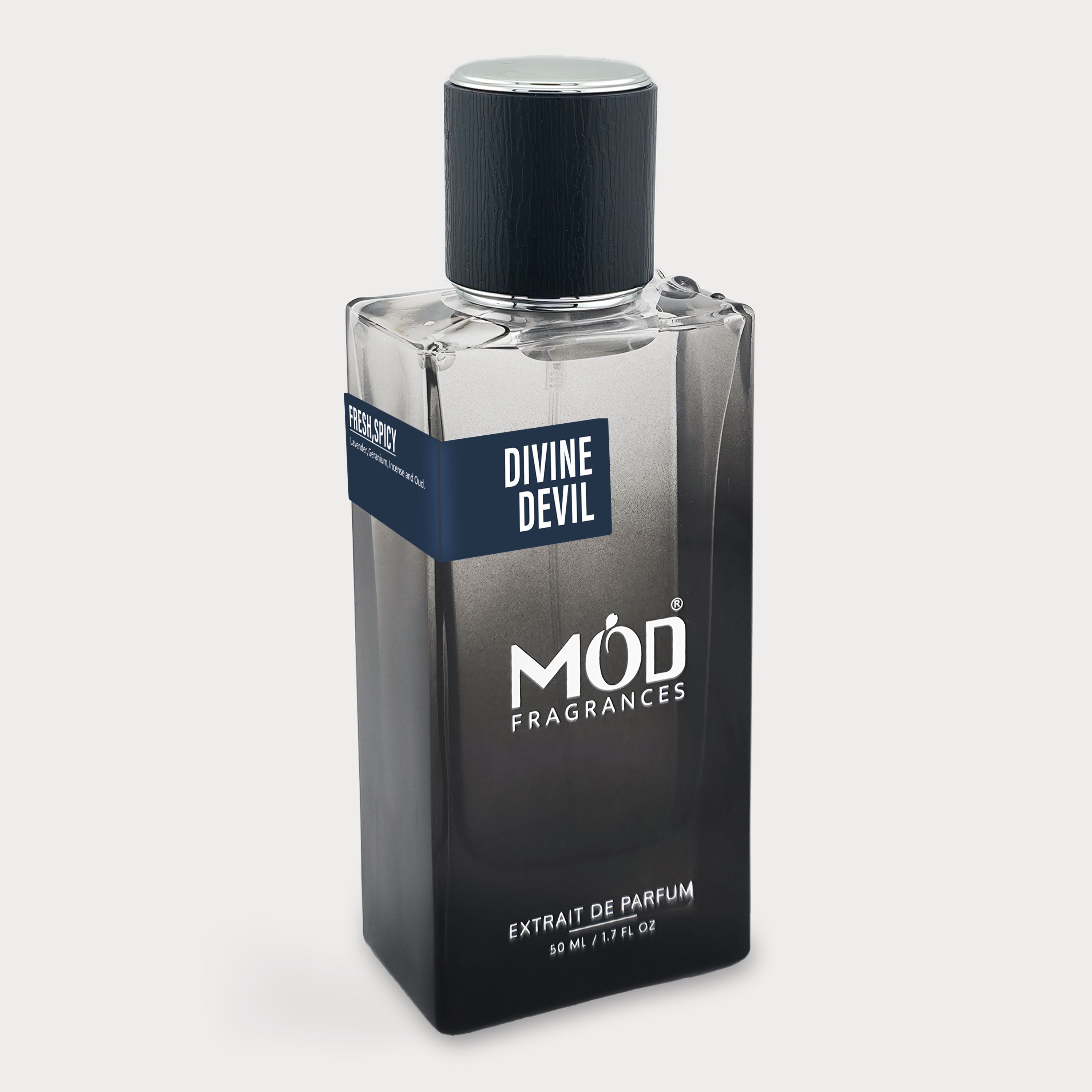 Perfume bottle labeled 'Divine Devil' by 'MOD Fragrances' on a light gray background