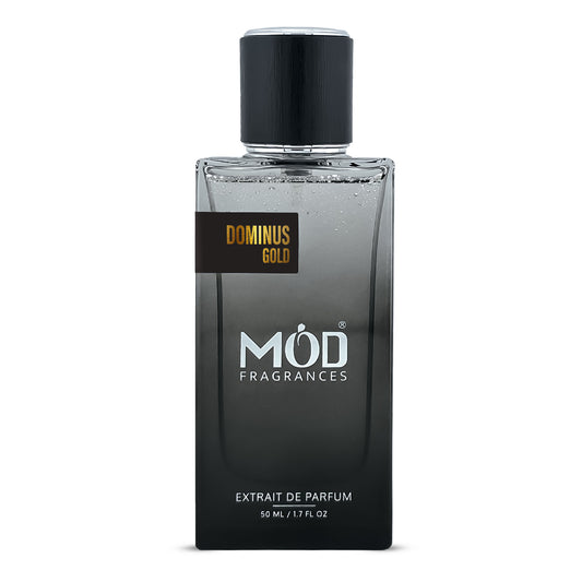 Inspired by Tygar Black perfume bottle labeled 'DOMINUS GOLD' by 'MÓD FRAGRANCES' on a white background