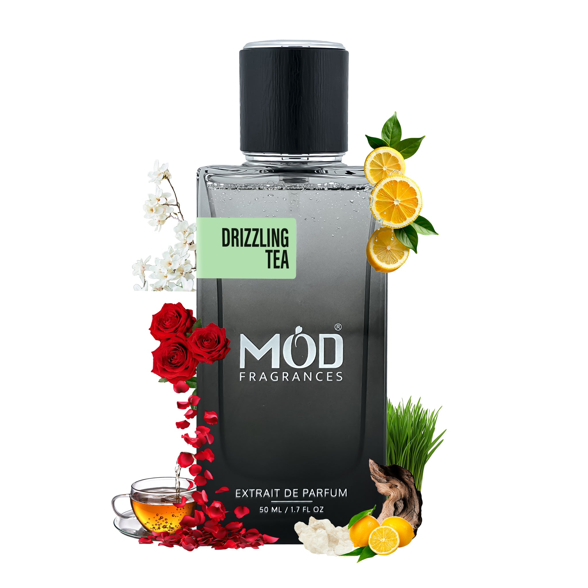 MOD Fragrances 'Drizzling Tea' perfume bottle with floral and citrus elements on a white background