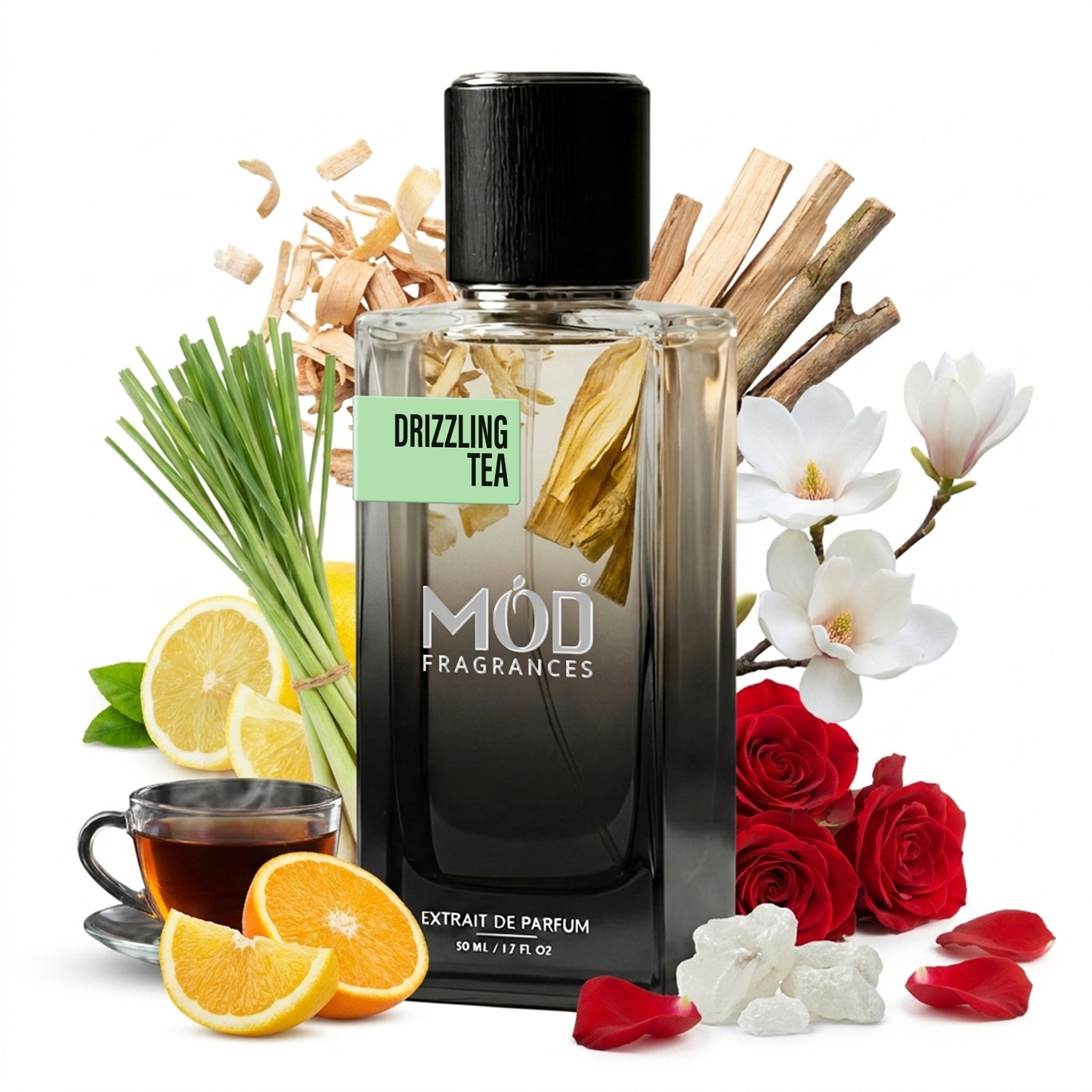 MOD Fragrances 50ml perfume bottle "drizzling Tea" fresh fragrance for him & her, inspired by Rain Tea, on white background. premium ingredients are scattered from back of bottle