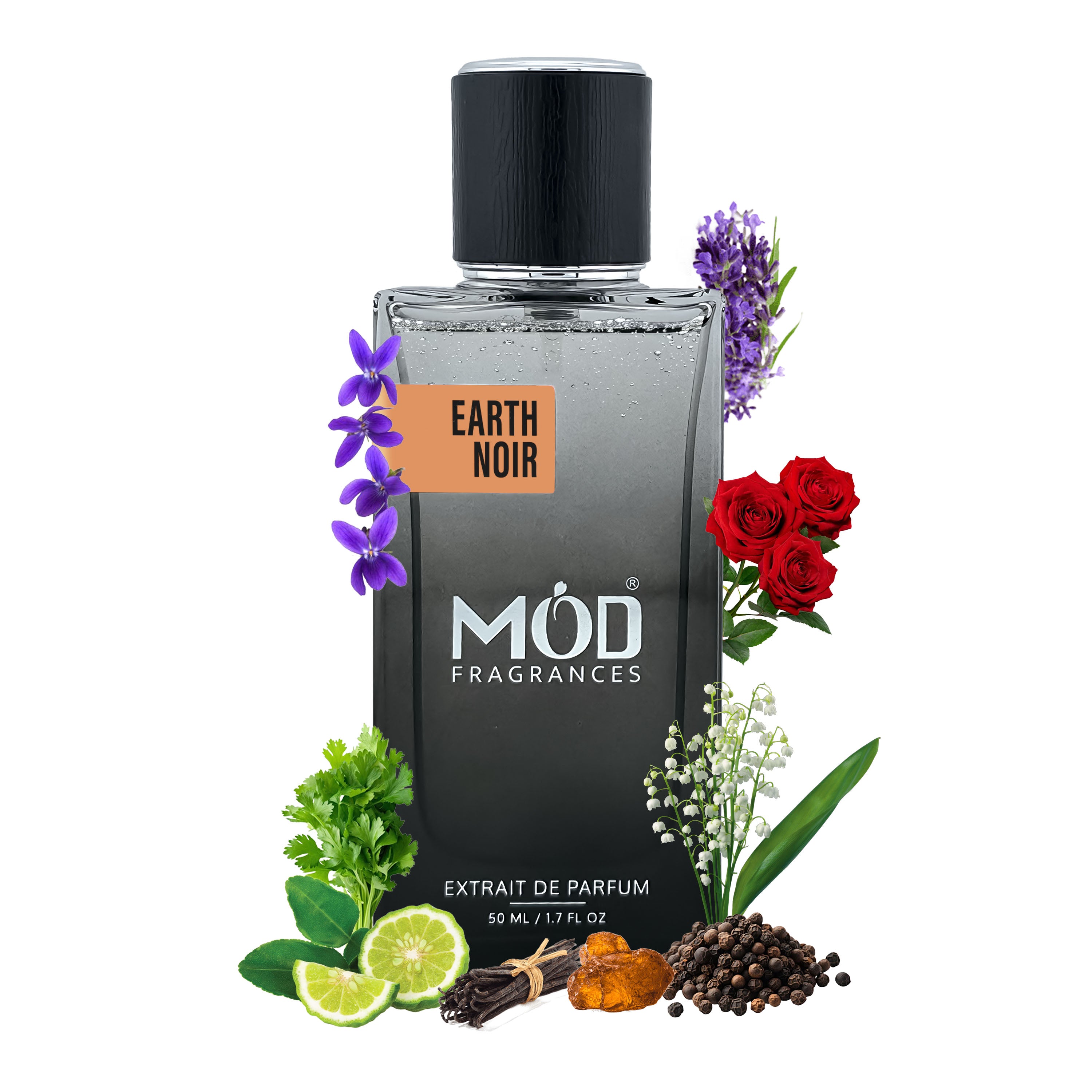 Inspired by Tuxedo Black perfume bottle labeled 'Earth Noir' by Möd Fragrances with floral and spice elements on a white background.