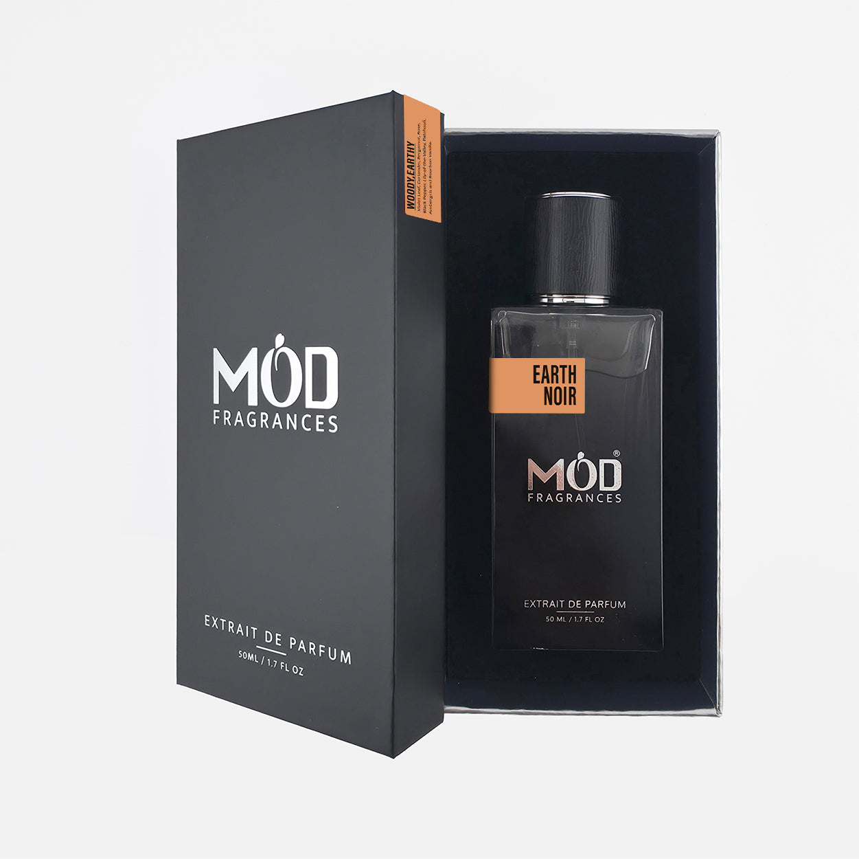 MOD Fragrances Earth Noir perfume bottle and packaging on a white background