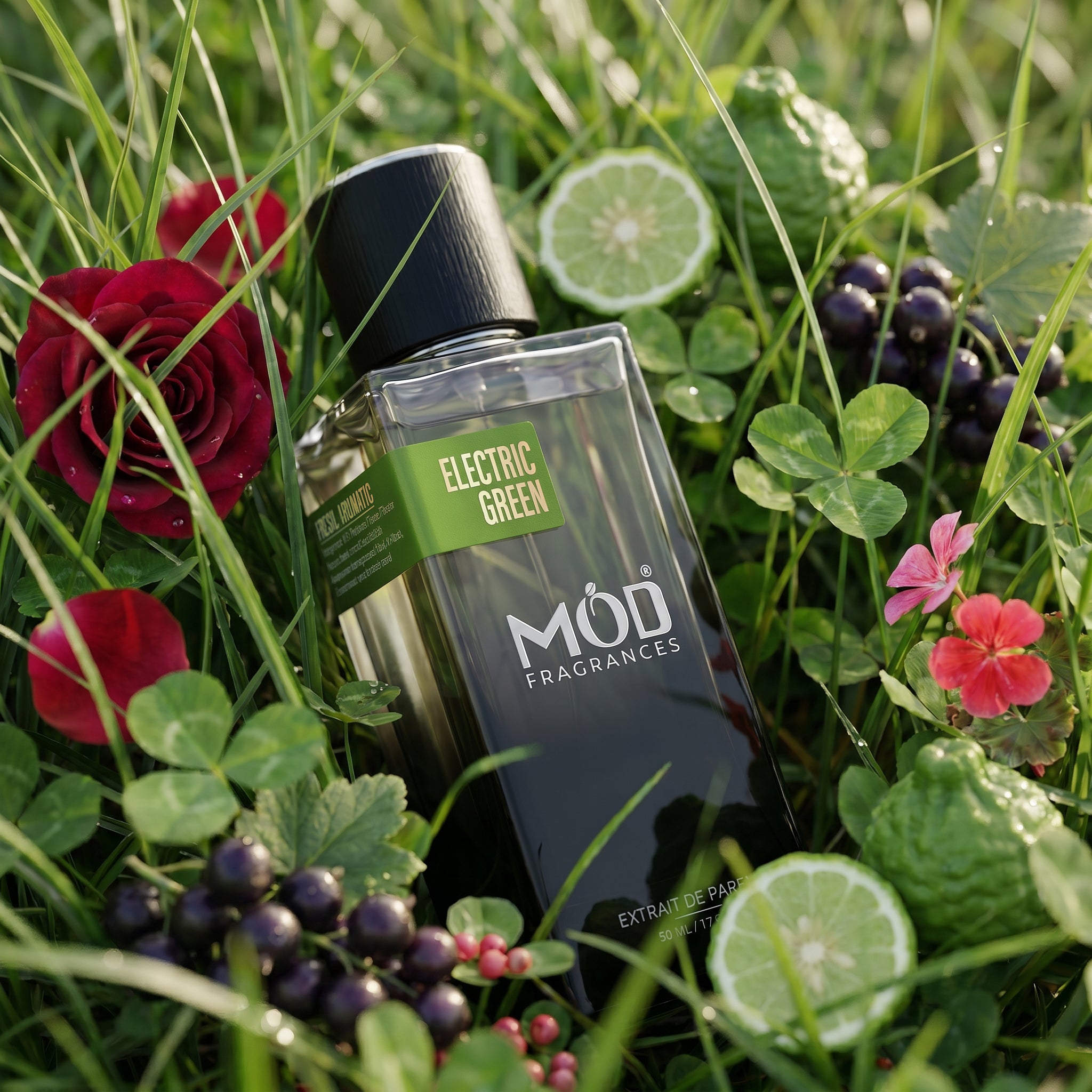 MOD Fragrances bottle labeled 'Electric Green' surrounded by flowers and greenery