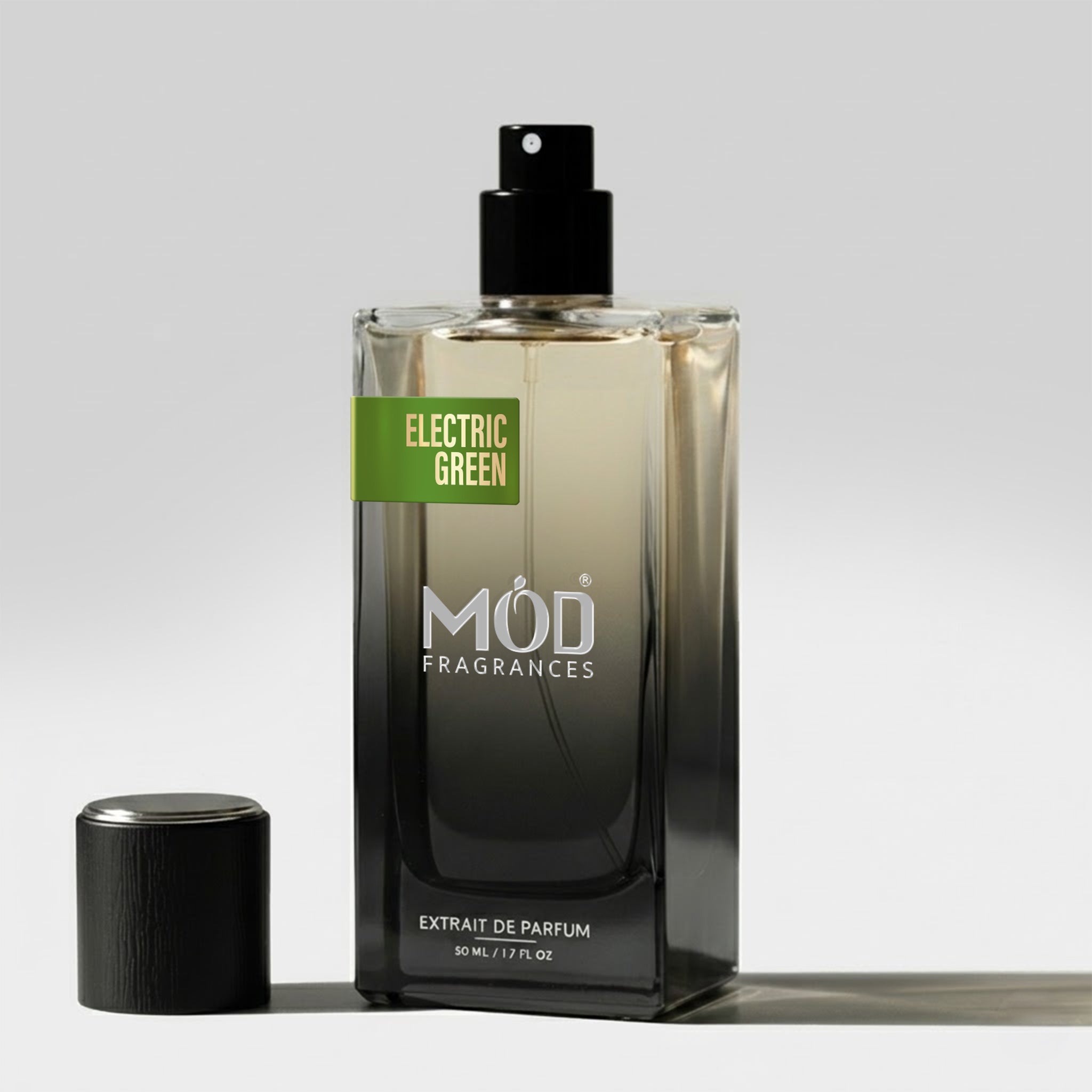 MOD Fragrances Electric Green perfume bottle on a light gray background