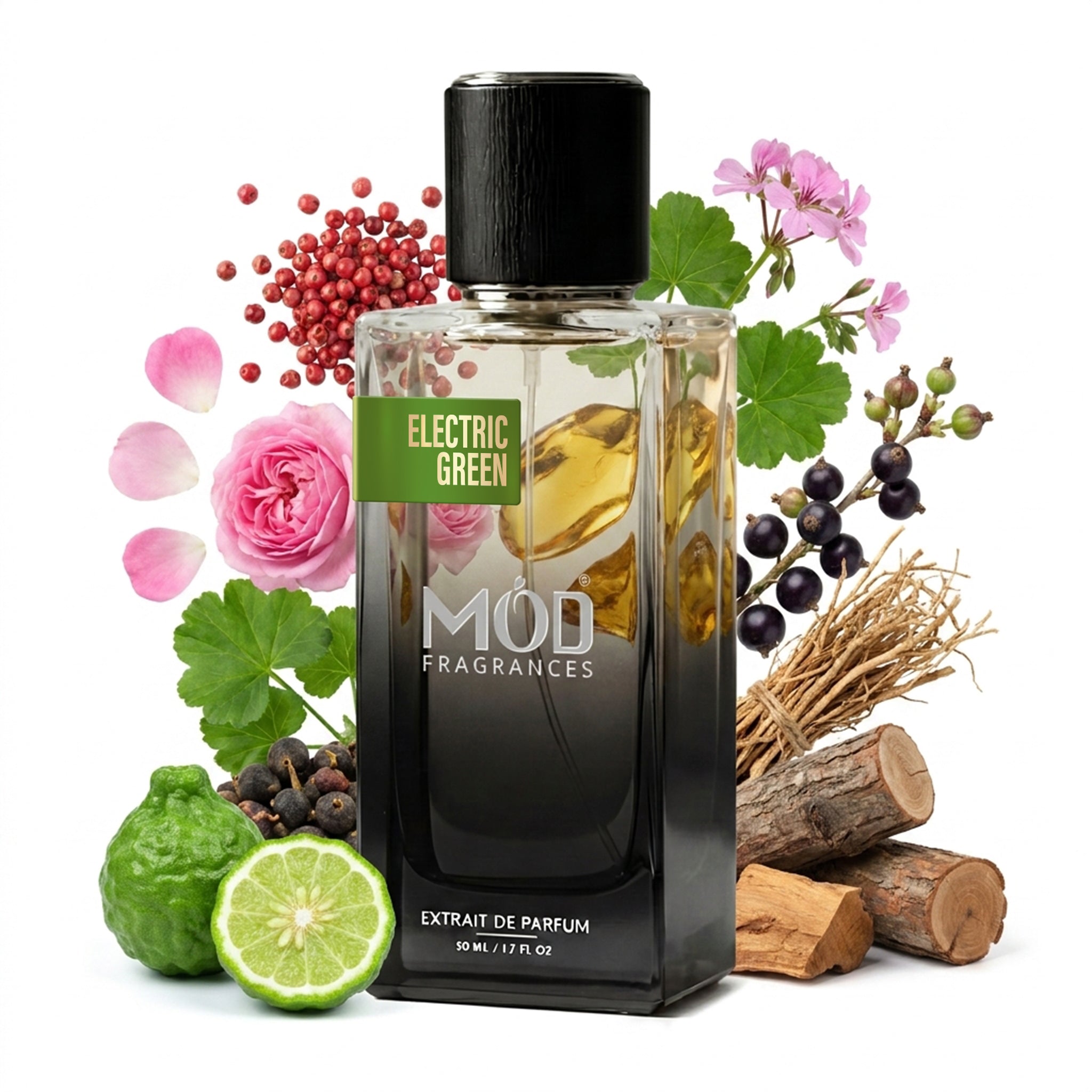 MOD Fragrances Electric Green perfume bottle surrounded by flowers and natural elements on a white background