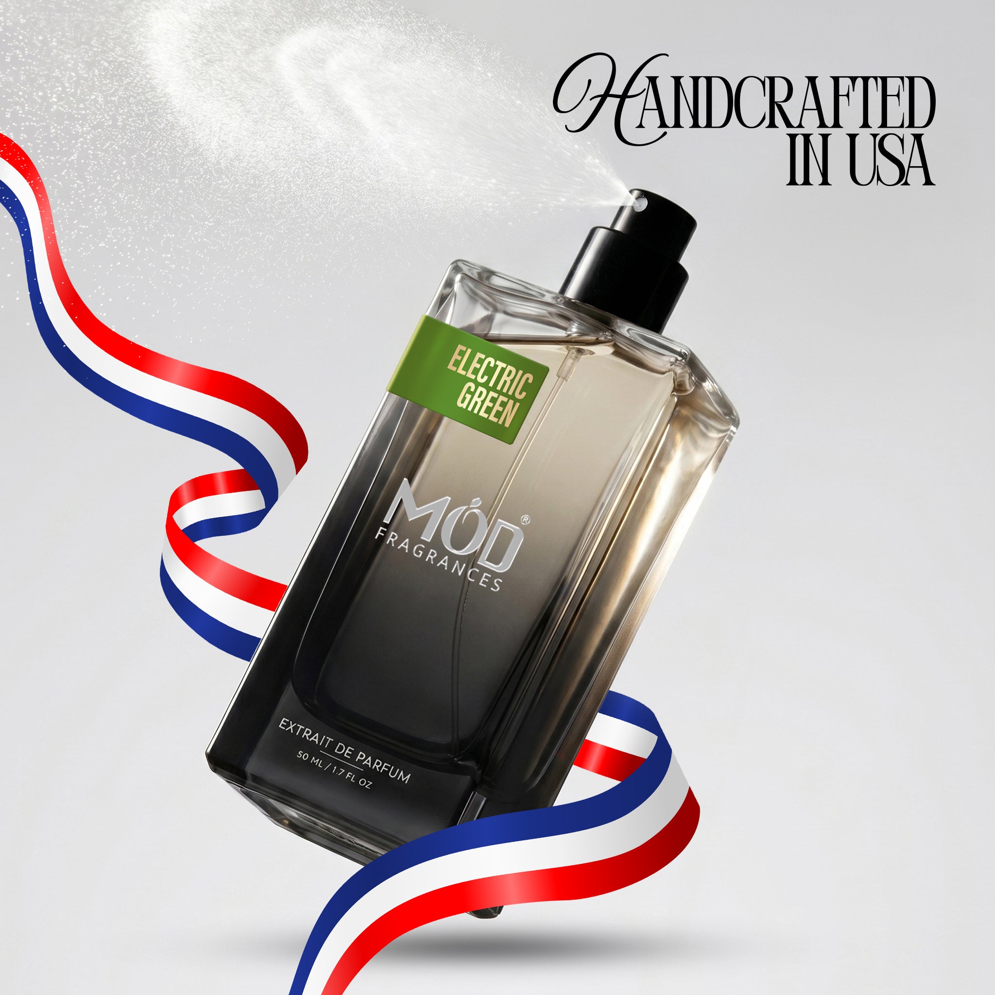 Perfume bottle labeled 'Electric Green' by Möd Fragrances with a patriotic ribbon on a light gray background.