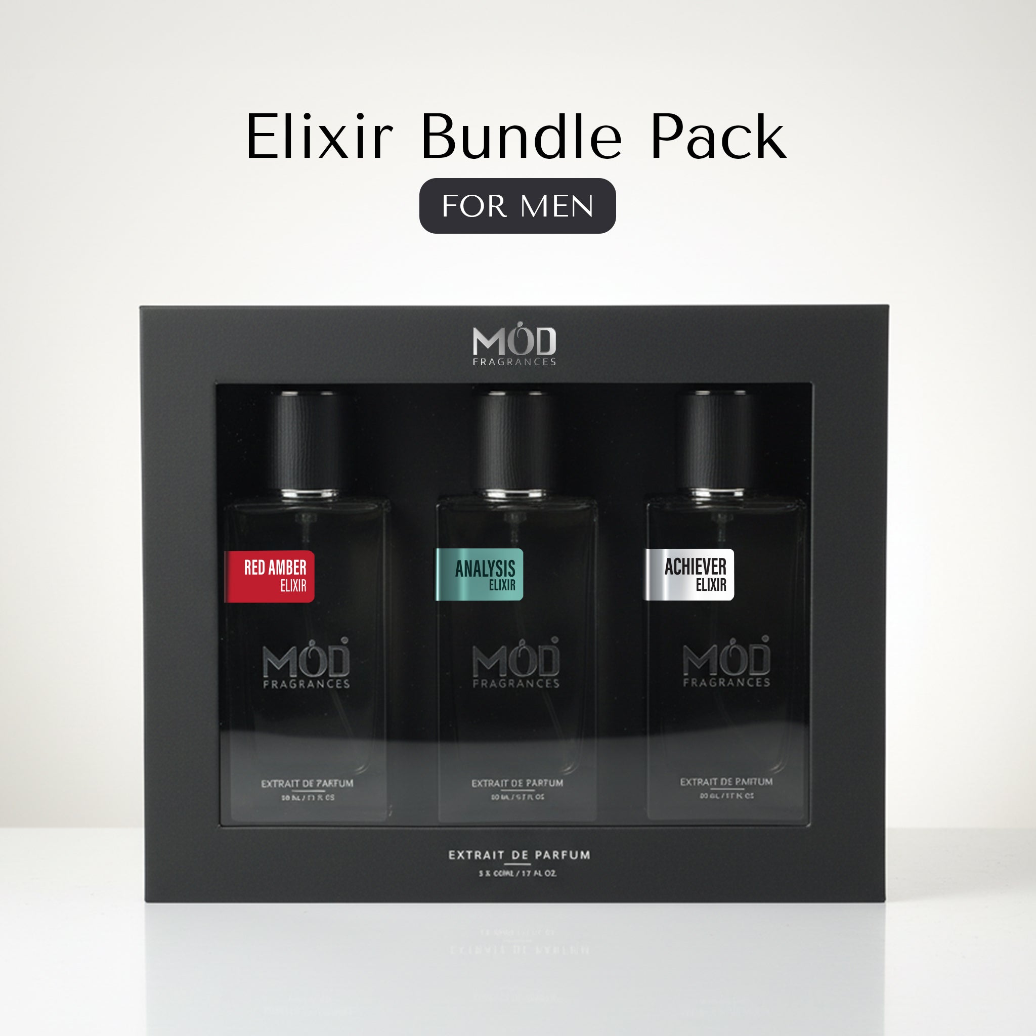 Möd Fragrances Elixir Bundle Pack for men with three perfume bottles in a black box.