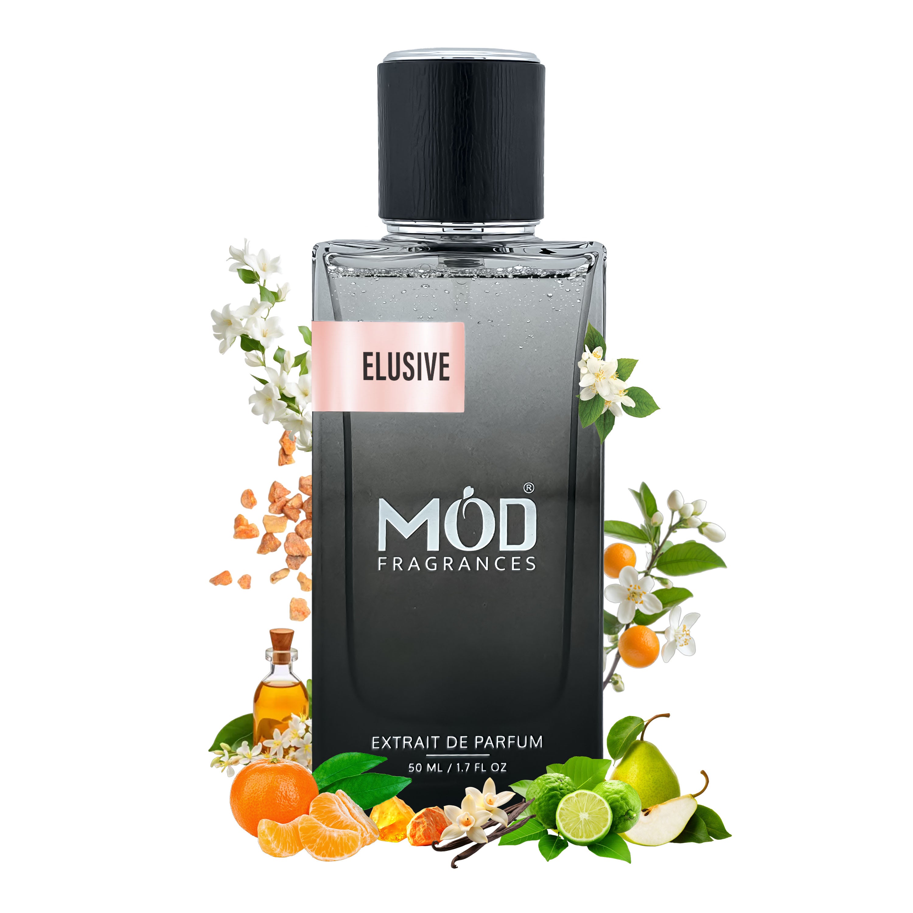 Prada Paradoxe Dupe  Black perfume bottle labeled 'Elusive' by MOD Fragrances with floral and fruit elements on a white background