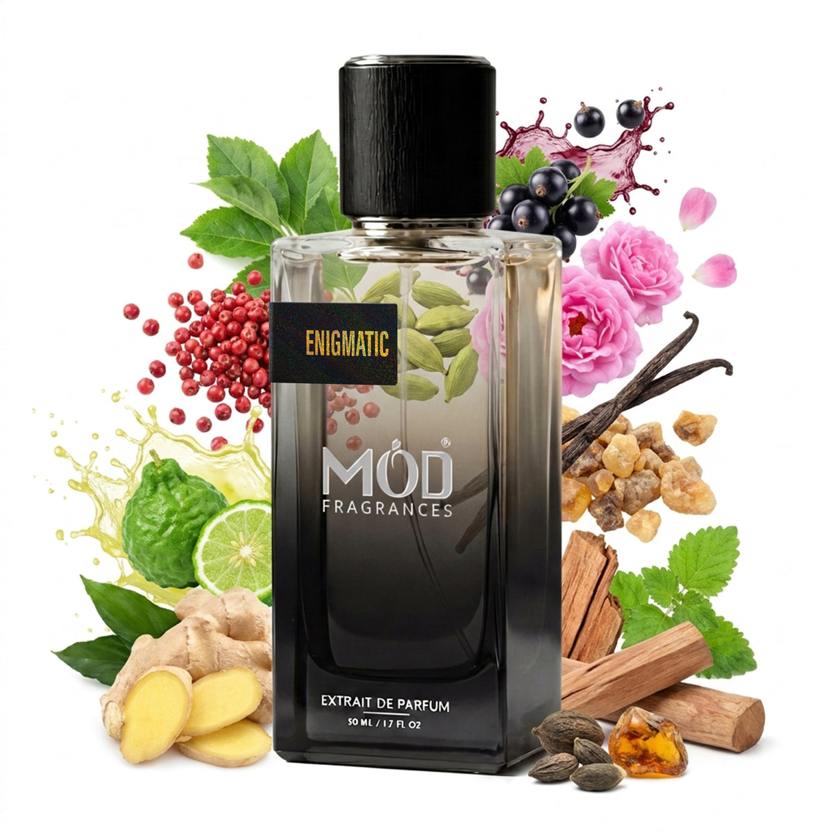 A glass perfume bottle by MOD Fragrances, labeled “Enigmatic” is surrounded by a vibrant artistic arrangement of its fragrance ingredients, Ginger, Bergamot, Pink Pepper, Green Notes, Cardamom, Black Currant, pink Turkish Rose, Vanilla, Benzoin, Sandalwood, Cedar, Patchouli, Musk and Ambergris., against a white background.