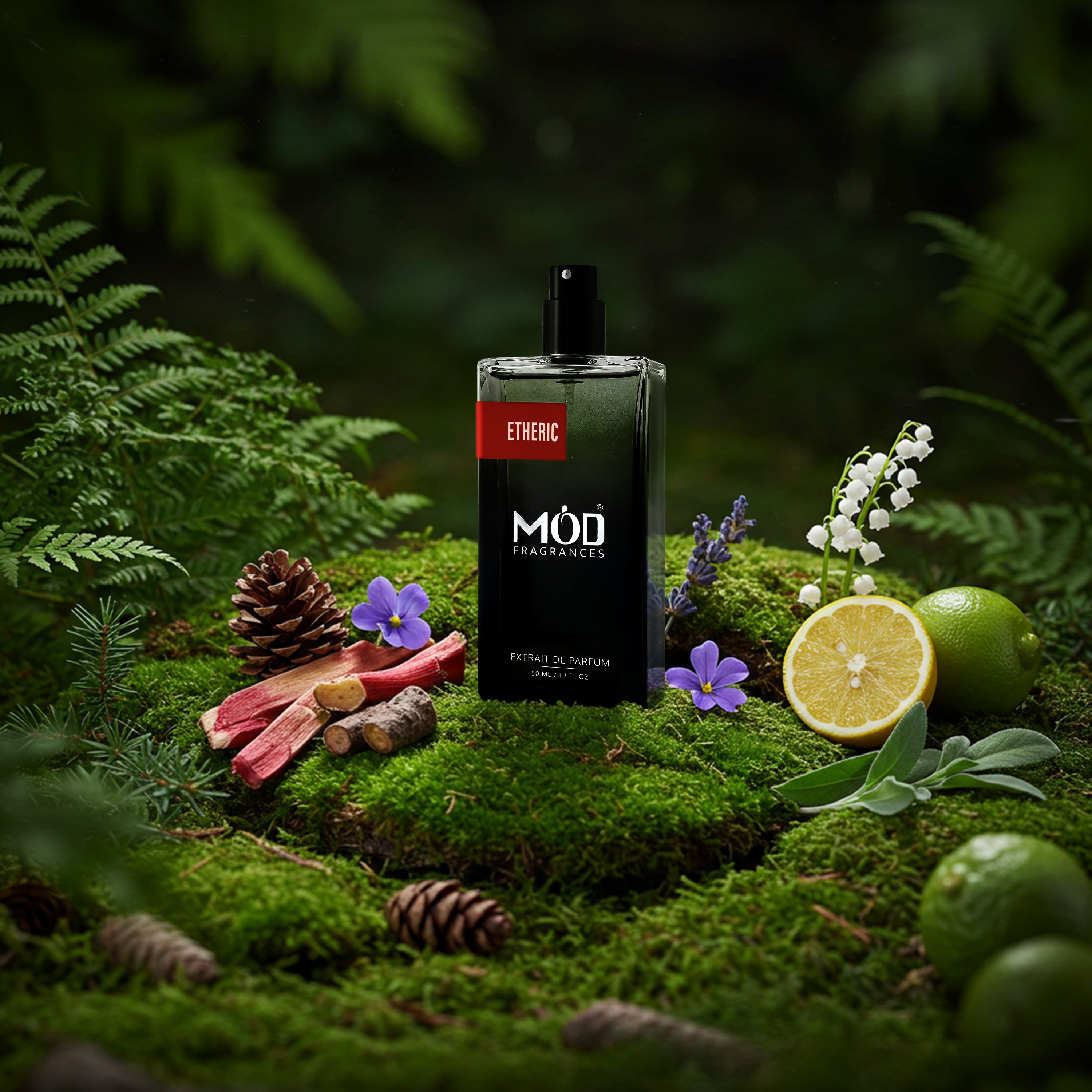 Möd Fragrances bottle with natural elements on a forest floor