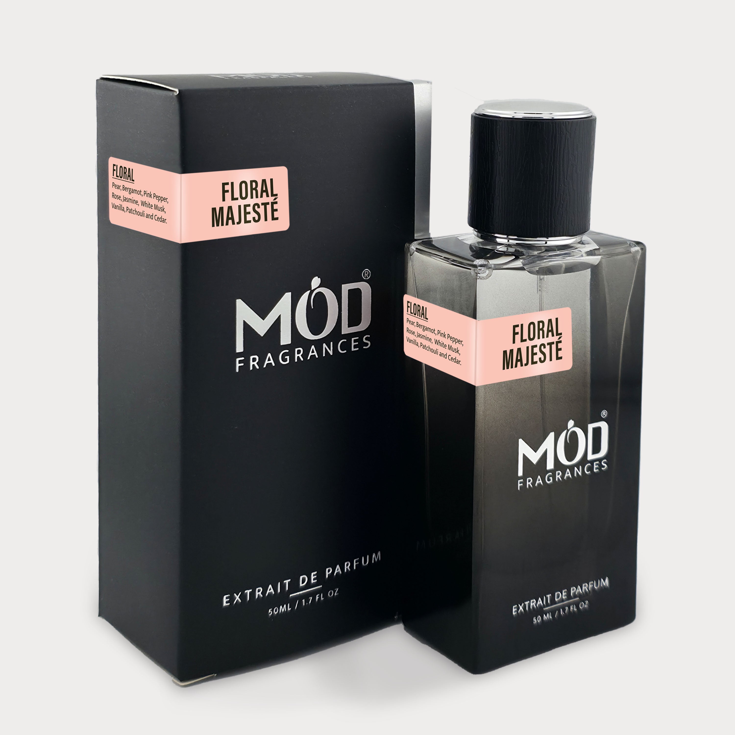 Inspired by Idole Perfume Dupe  Möd Fragrances Floral Majesté perfume bottle and packaging on a white background