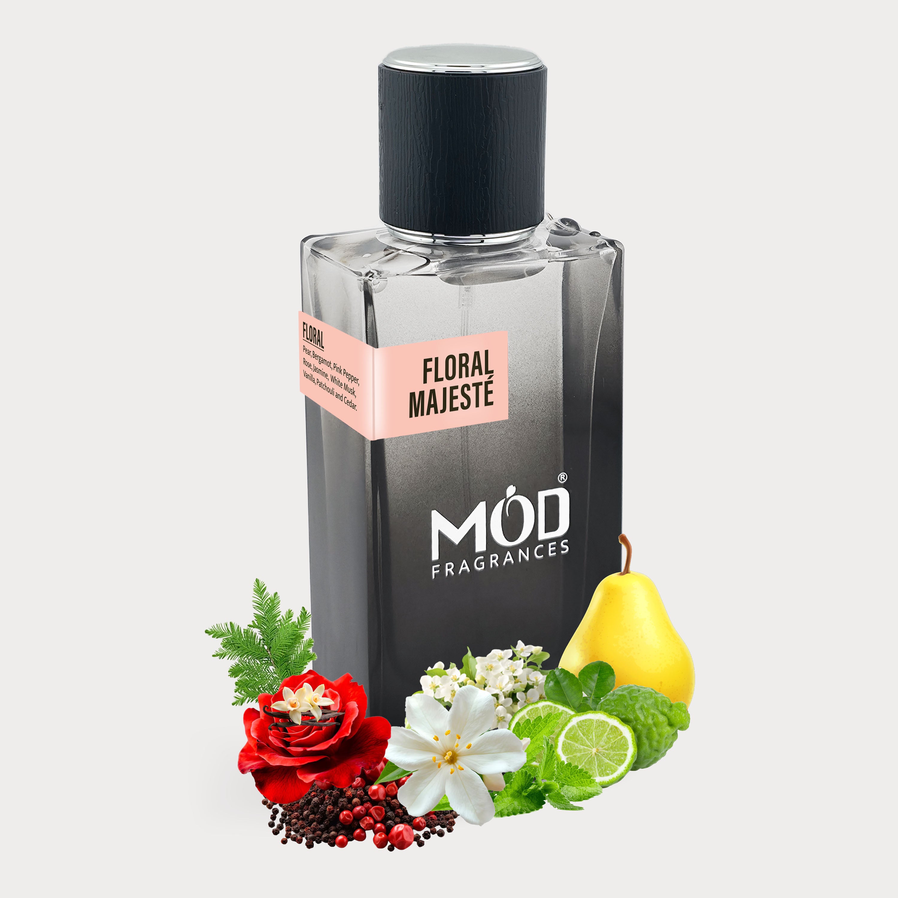 Inspired by Idole Perfume Dupe Möd Fragrances bottle with floral and fruit elements on a light gray background