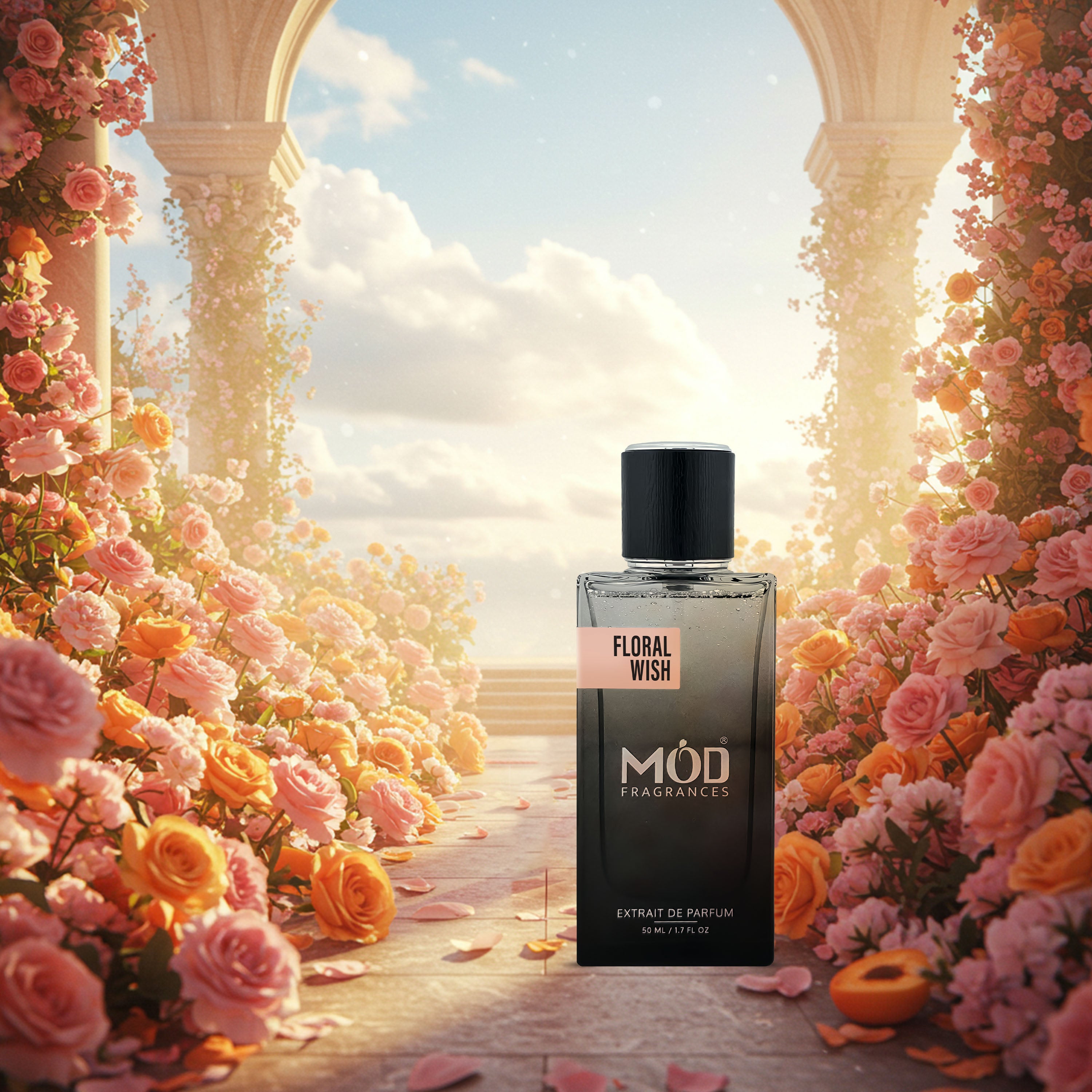 Inspired by Miss Dior Floral Wish MOD Fragrances bottle surrounded by flowers with a scenic background