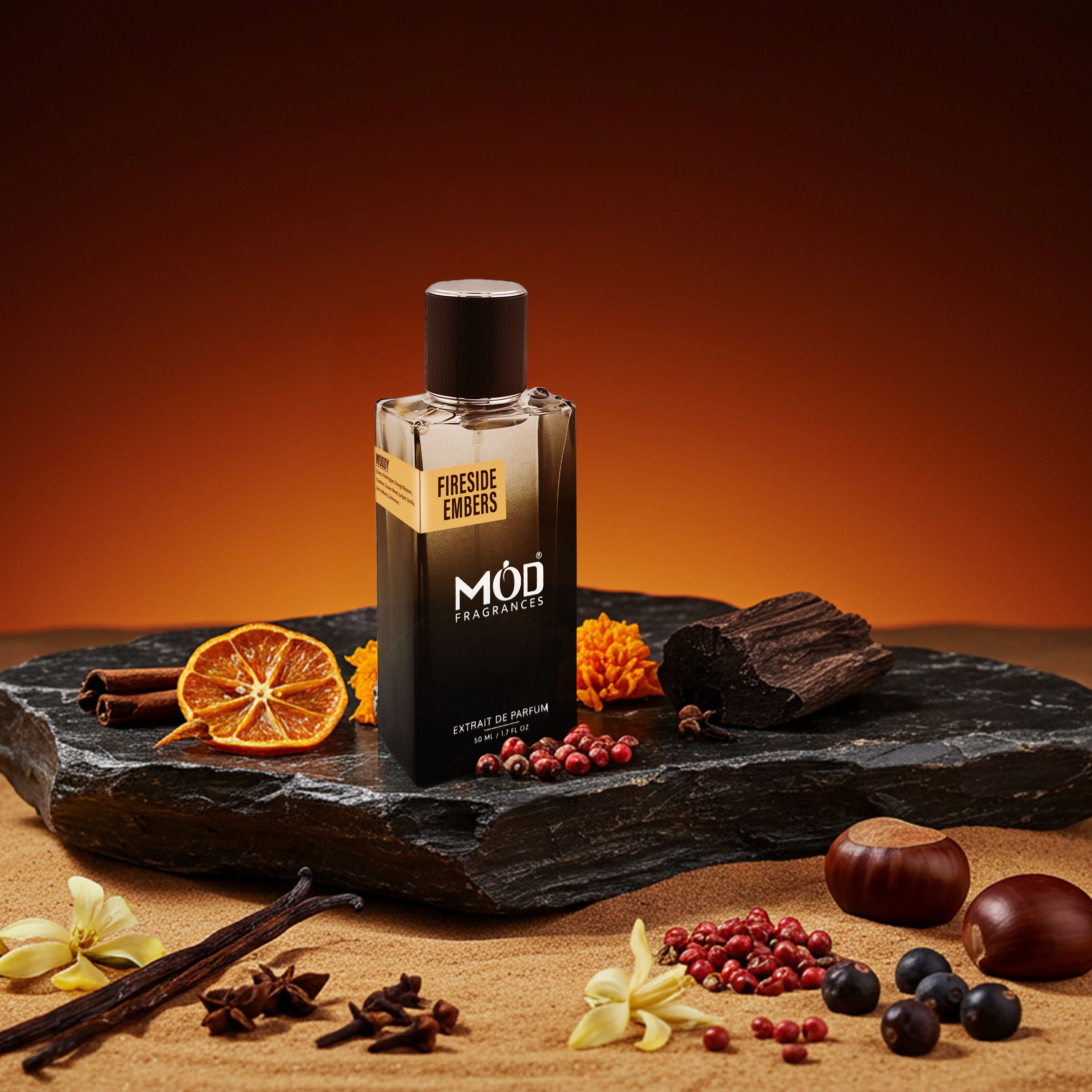 Möd perfume bottle on a stone surface with spices and fruits