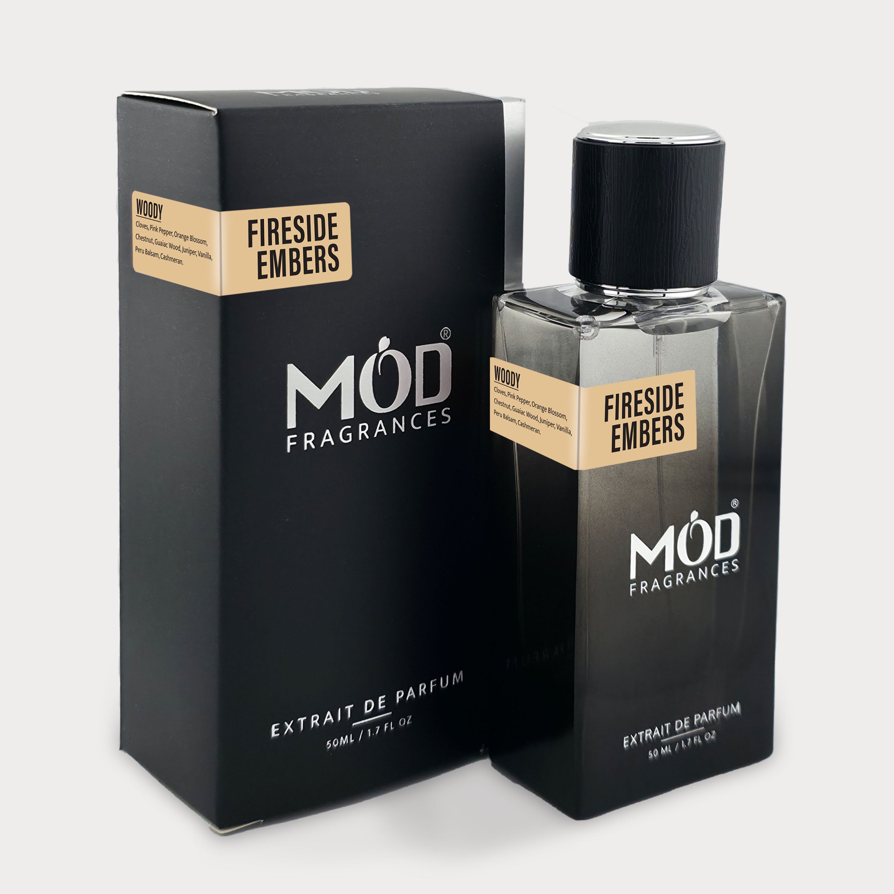 Möd Fragrances 'Fireside Embers' perfume bottle and packaging on a white background