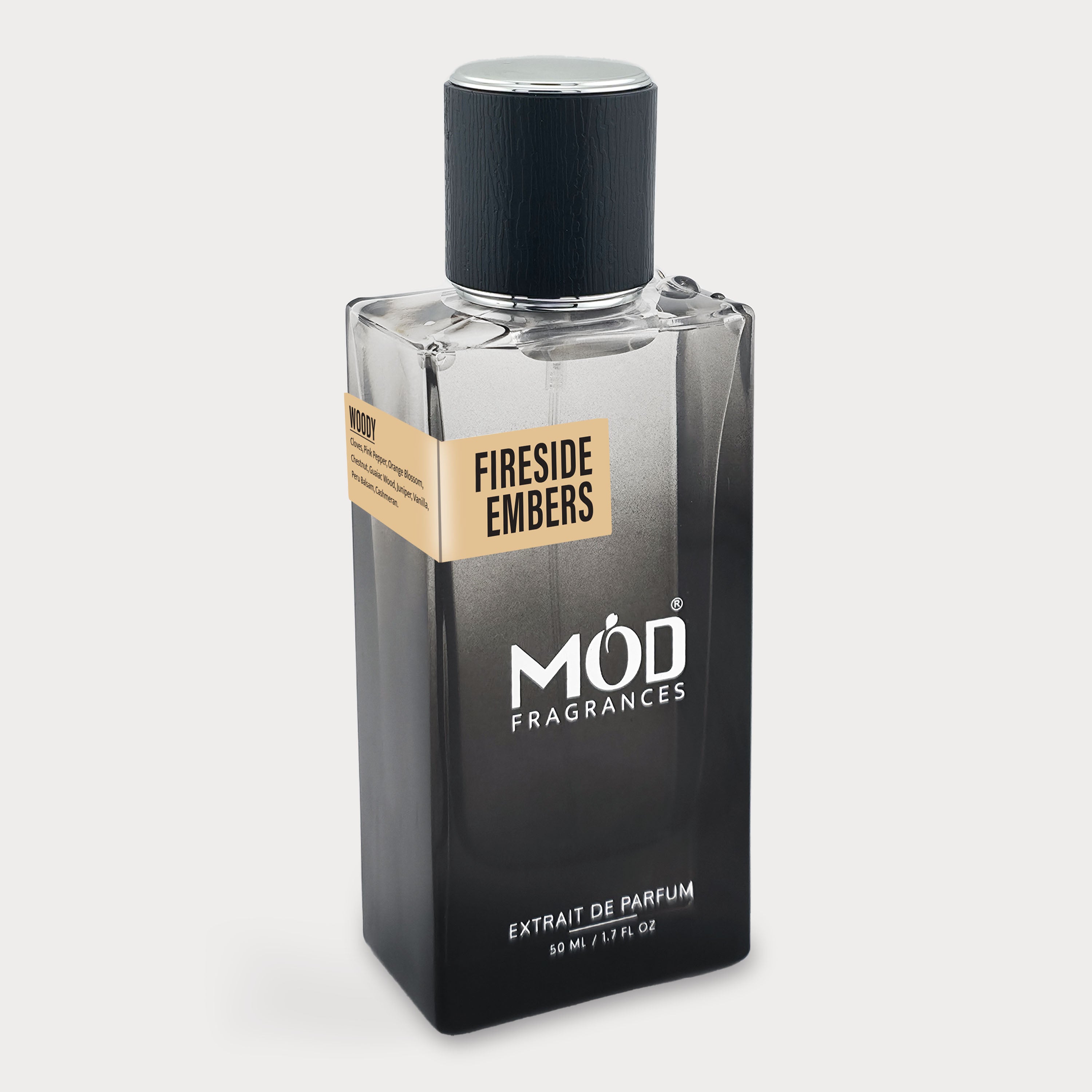 By The Fireplace Dupe  Fragrance bottle labeled 'Fireside Embers' by MOD Fragrances on a light gray background