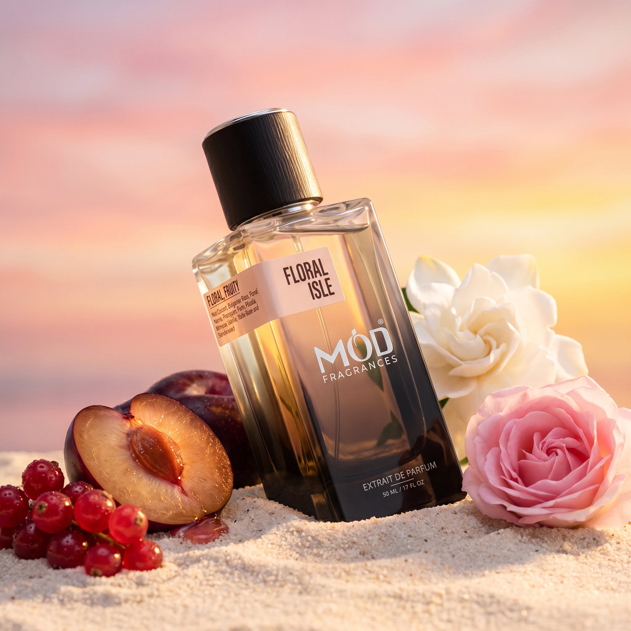 A rectangular glass perfume bottle by MOD Fragrances, labeled "Floral Isle” is standing upright on sea sand surrounded by its ingredients like juicy plum, pink geranium, red currants and white gardenia flower , on golden hour sunshine, highlighting bottle and its ingredients.