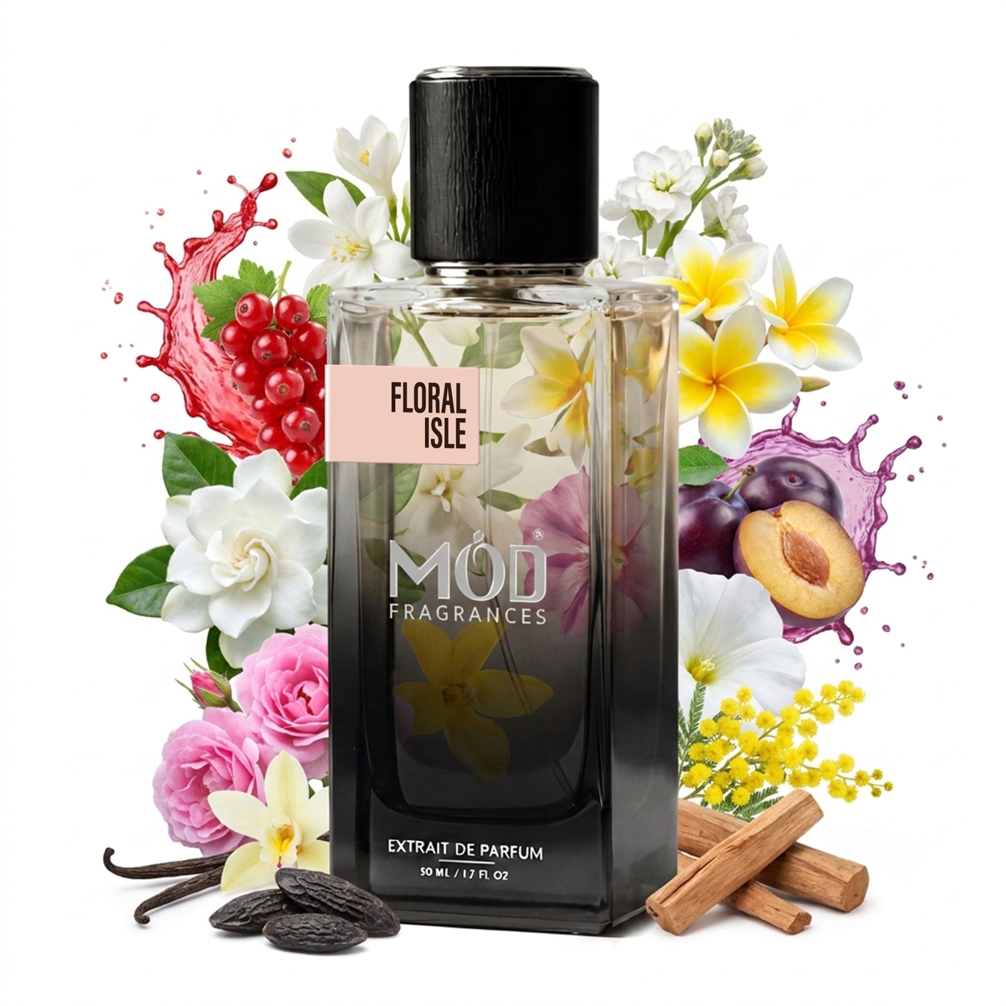 A glass perfume bottle by MOD Fragrances, labeled “Floral Isle” is surrounded by a vibrant artistic arrangement of its fragrance ingredients, Red Currant, Gardenia White Floral Notes and Bulgarian Rose, Frangipani, Plum, Petalia and Mimosa, Vanilla, Tonka Bean and Sandalwood, against a white background.