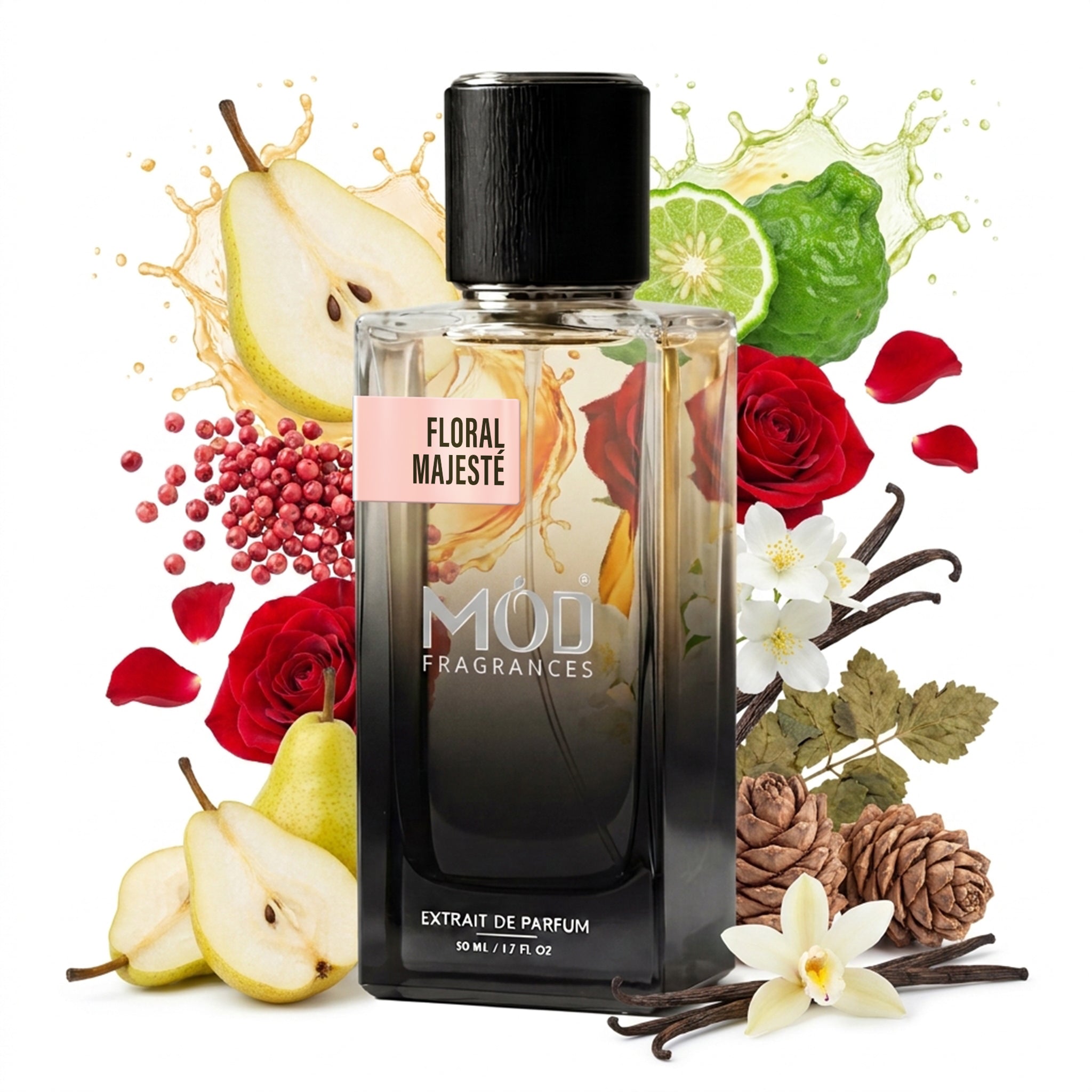 A glass perfume bottle by MOD Fragrances, labeled “Floral Majeste” is surrounded by a vibrant artistic arrangement of its fragrance ingredients, including bergamot, pears, pink pepper, red rose, vanilla, jasmine, cedar, white musk,  against a white background.