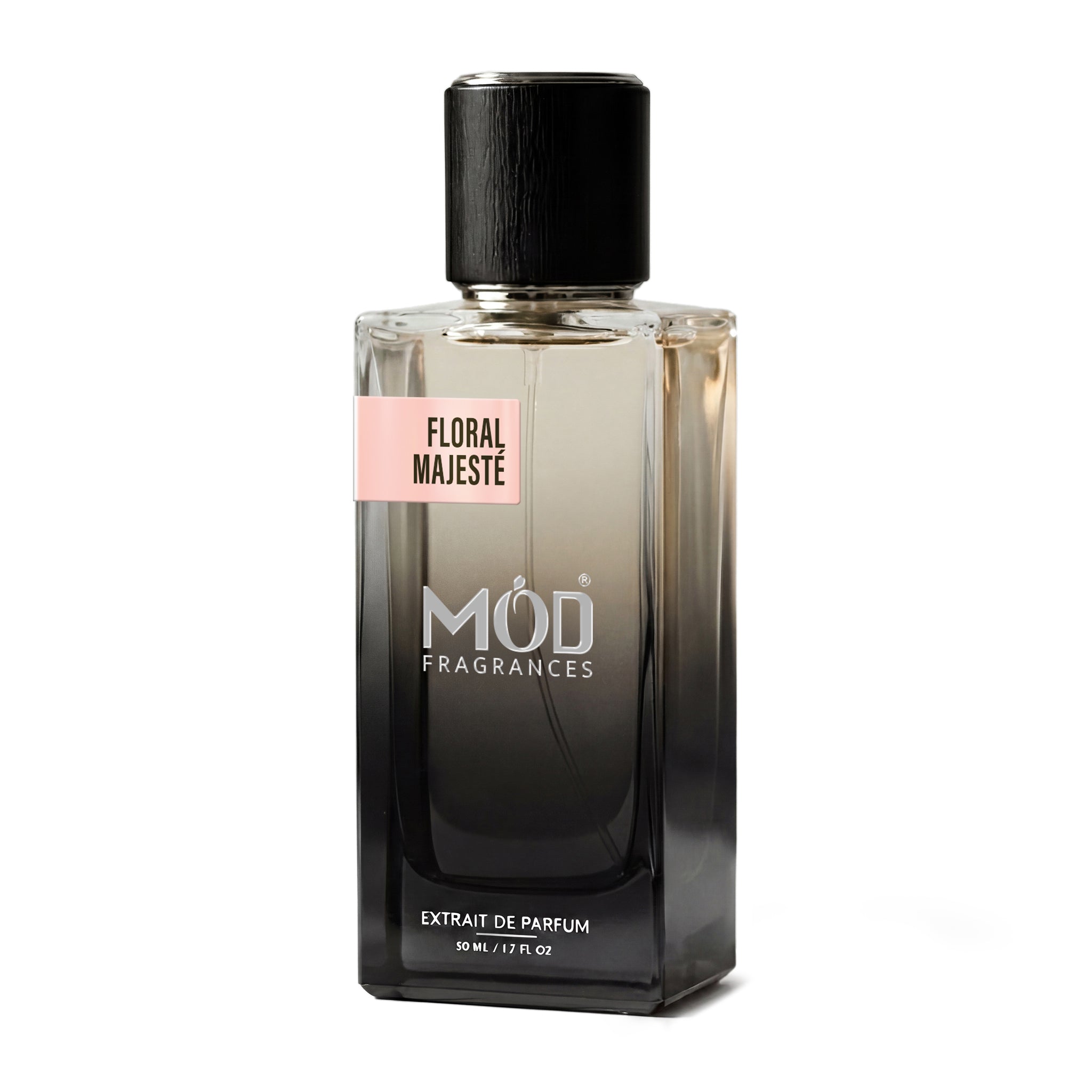A rectangular glass perfume bottle by MOD Fragrances, labeled “Floral Majeste” stands centered against a plain white background, featuring a black cap and a gradient black-to-clear glass finish.
