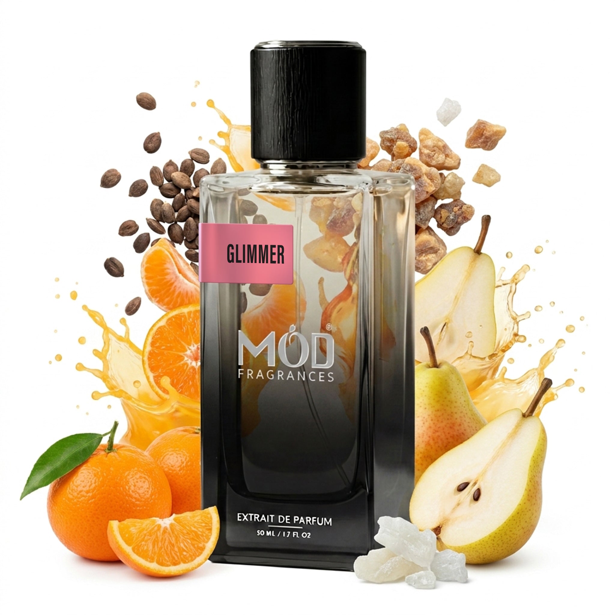 A glass perfume bottle by MOD Fragrances, labeled “Glimmer” is surrounded by a vibrant artistic arrangement of its fragrance ingredients, including mandarin orange and juice splash, fresh pears, benzoin, ambrette and white musk. against a white background.