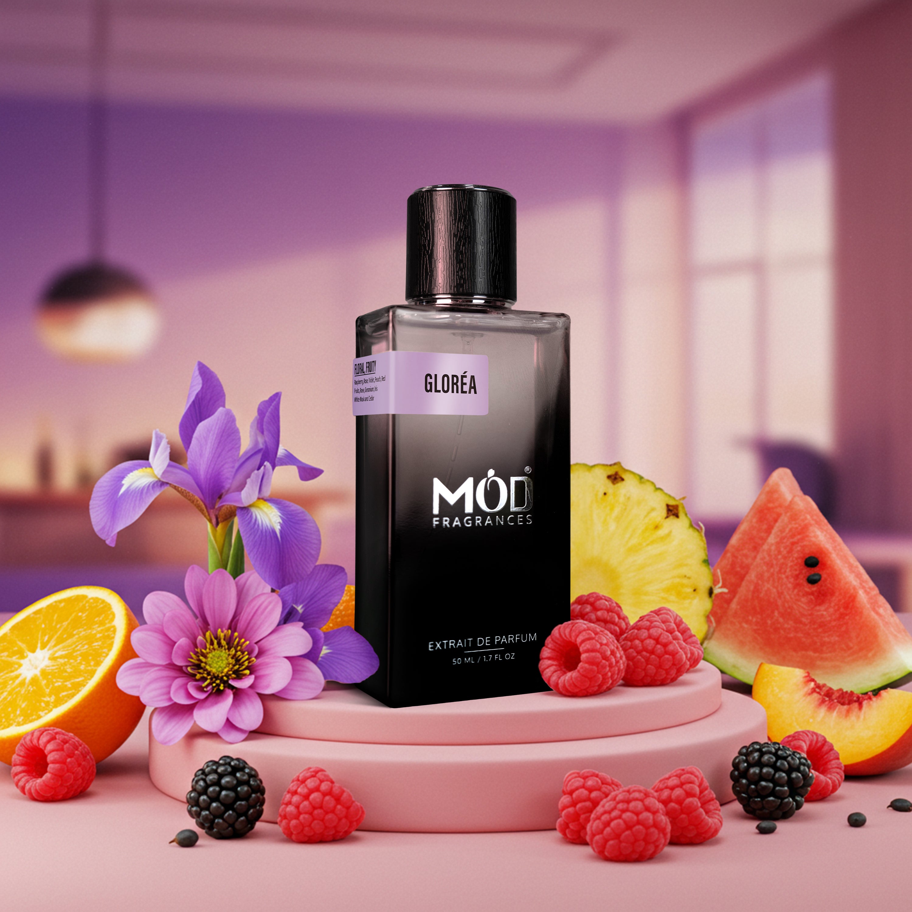 Chance Splendide dupe - Gloréa Möd Fragrances perfume bottle with fruits and flowers on a pink platform.