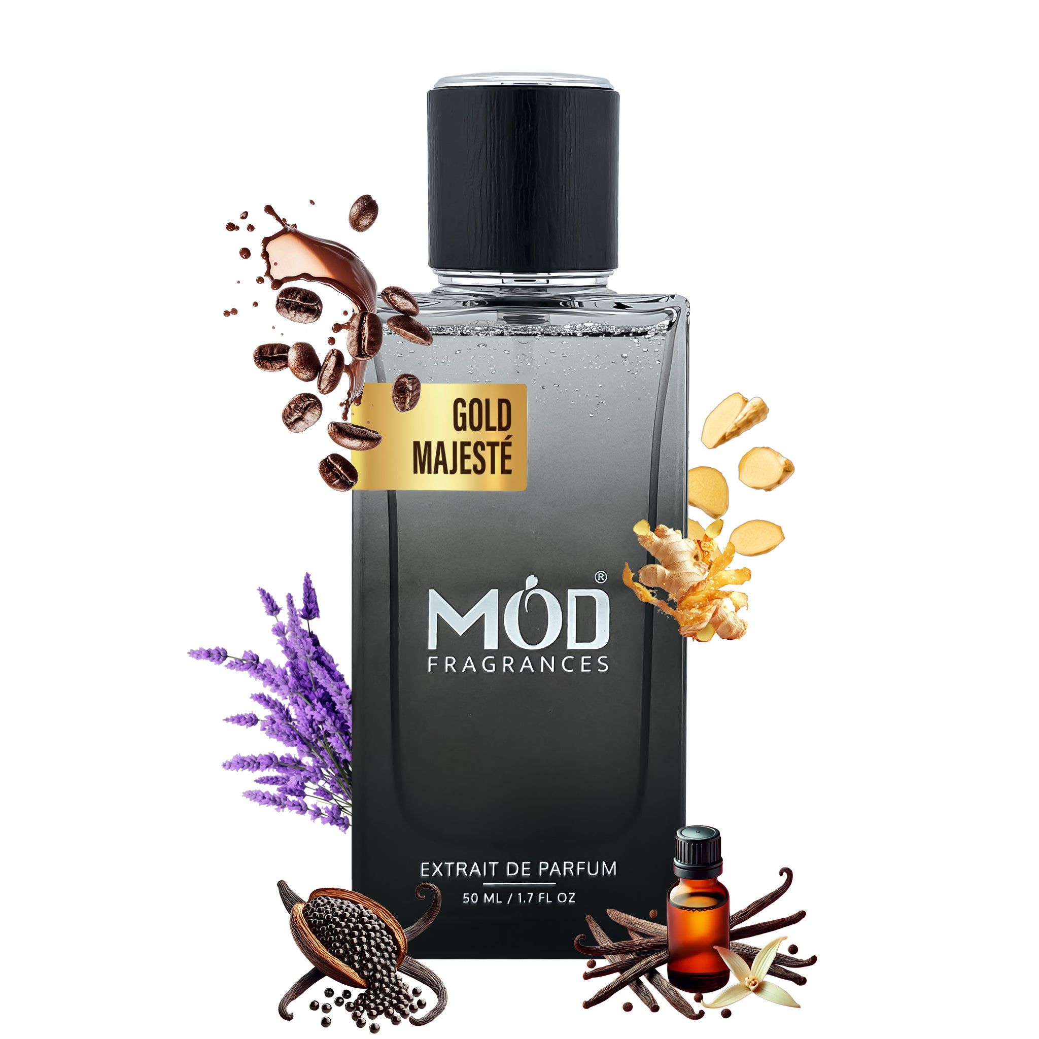 Möd Fragrances Gold Majéste perfume bottle with decorative elements on a white background