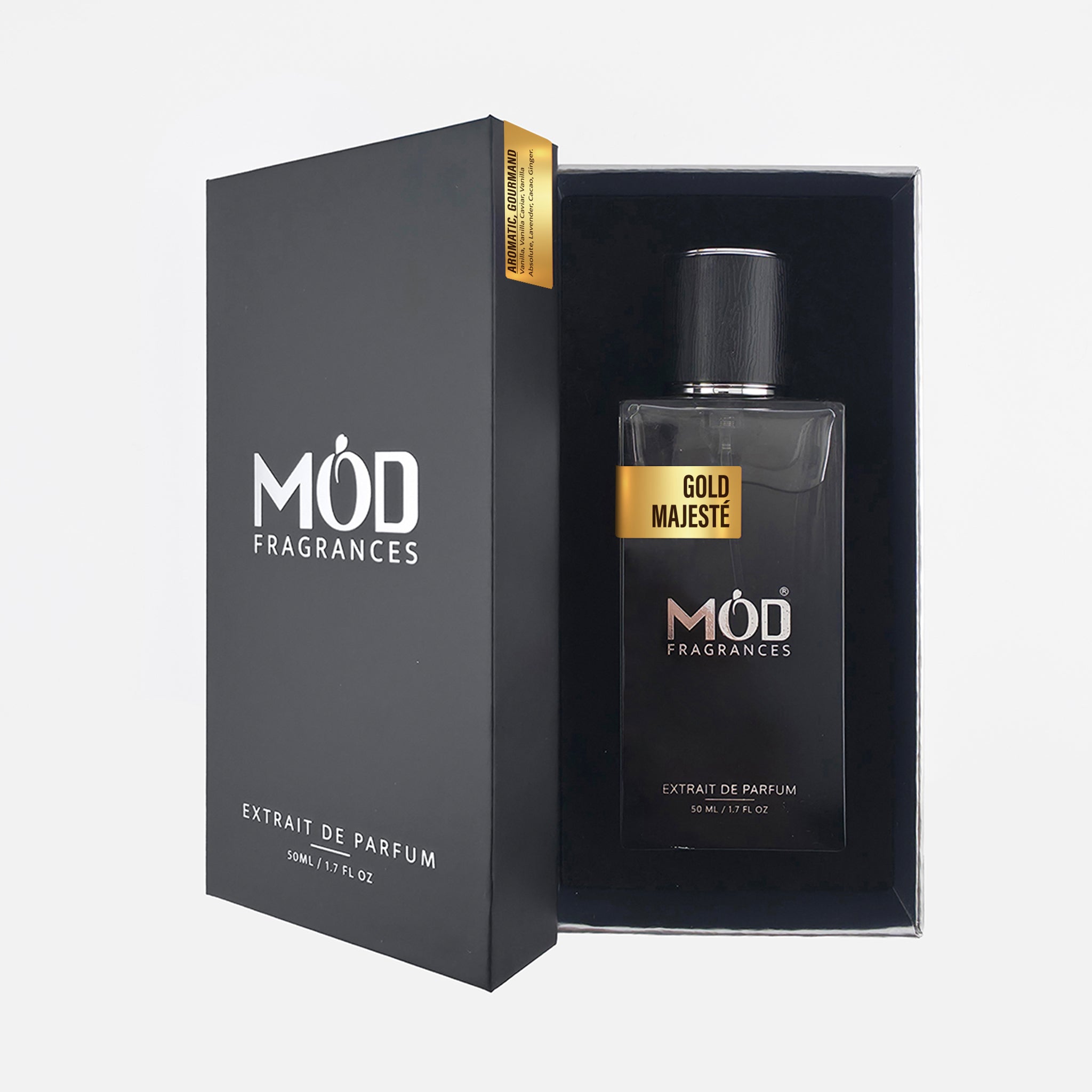 Möd Fragrances Gold Majeste perfume bottle and packaging on a white background